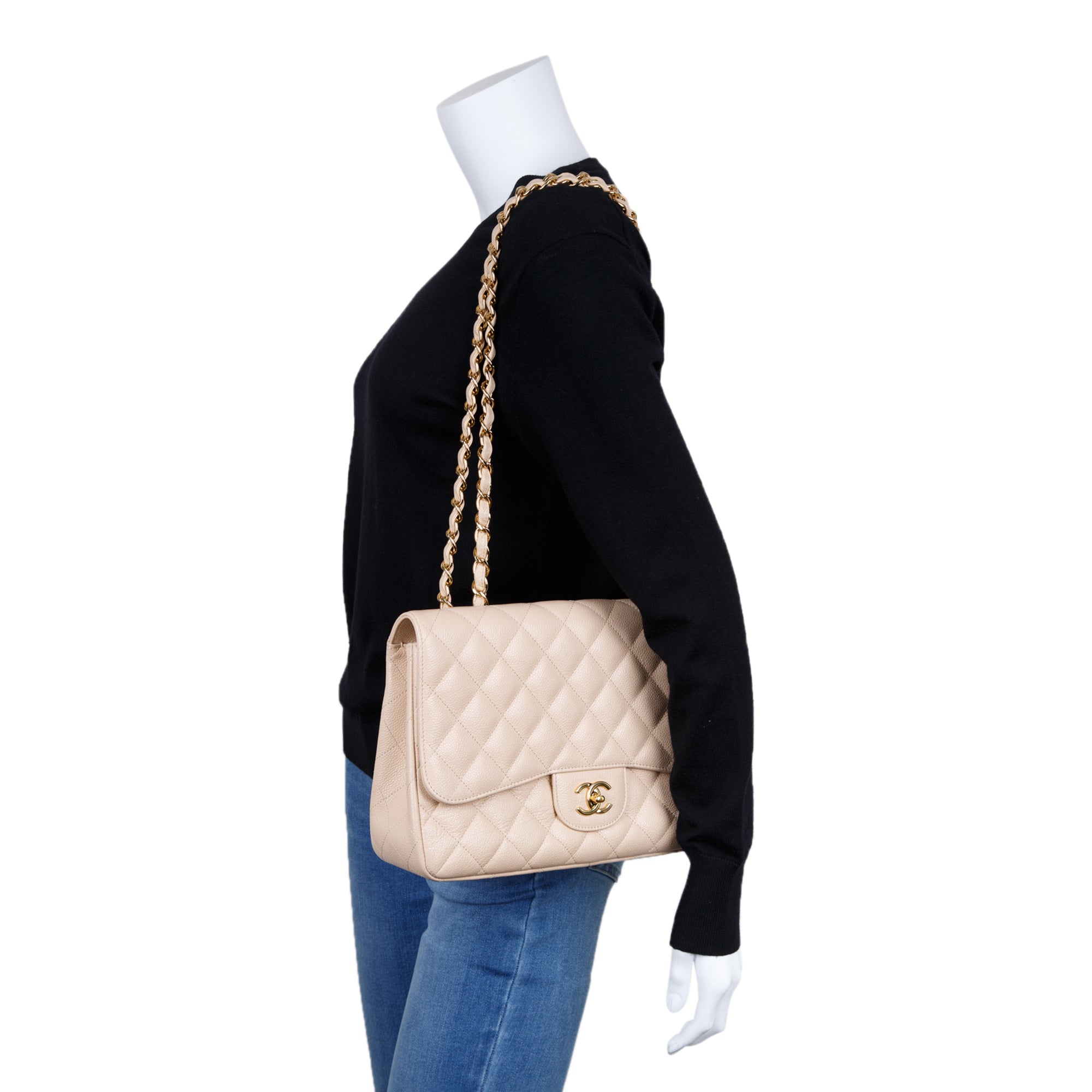 Chanel Beige Caviar Classic Jumbo Single Flap Bag w/ Authenticity Card