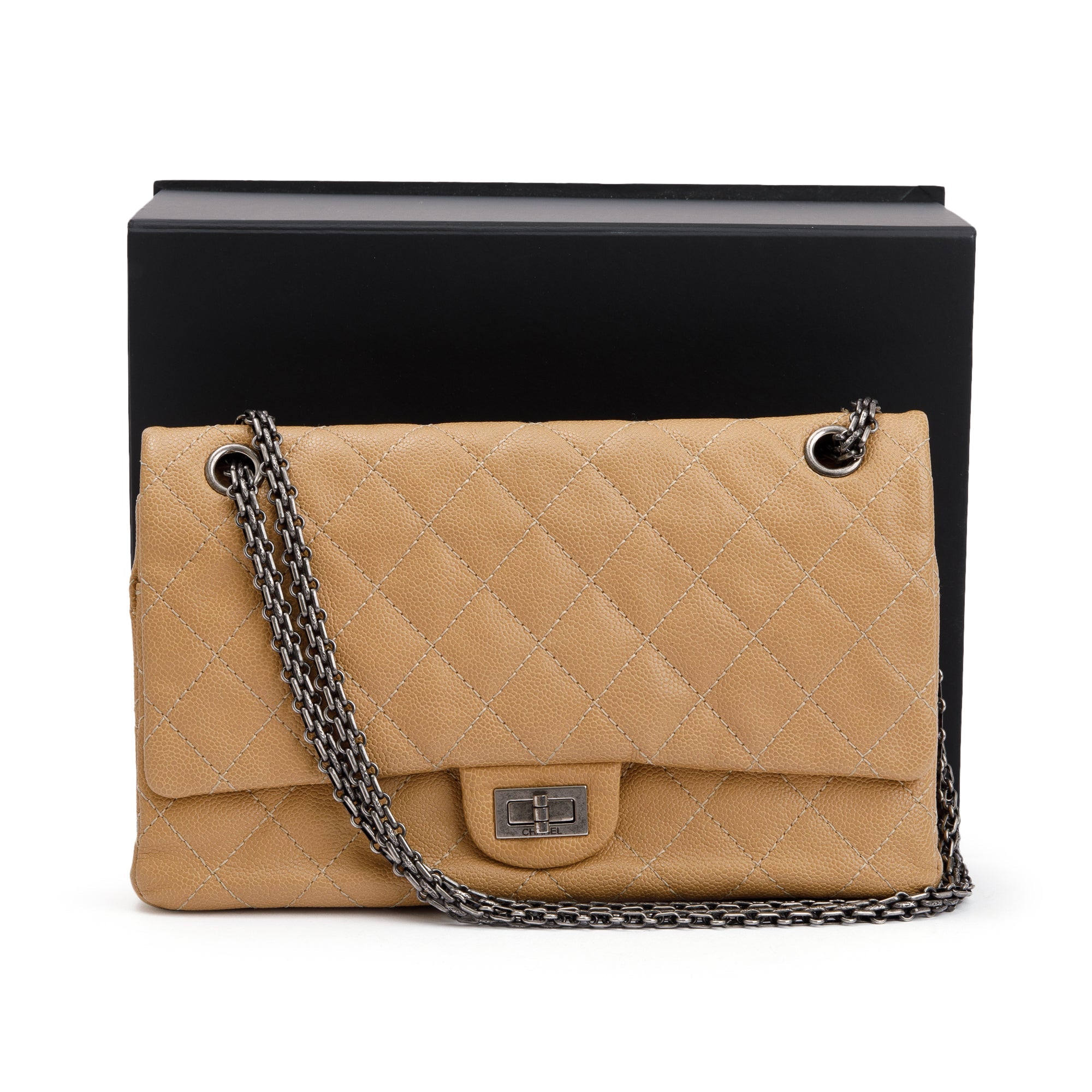 Chanel Beige Caviar Leather 2.55 Reissue 226 Double Flap Bag w/ Box & Authenticity Card