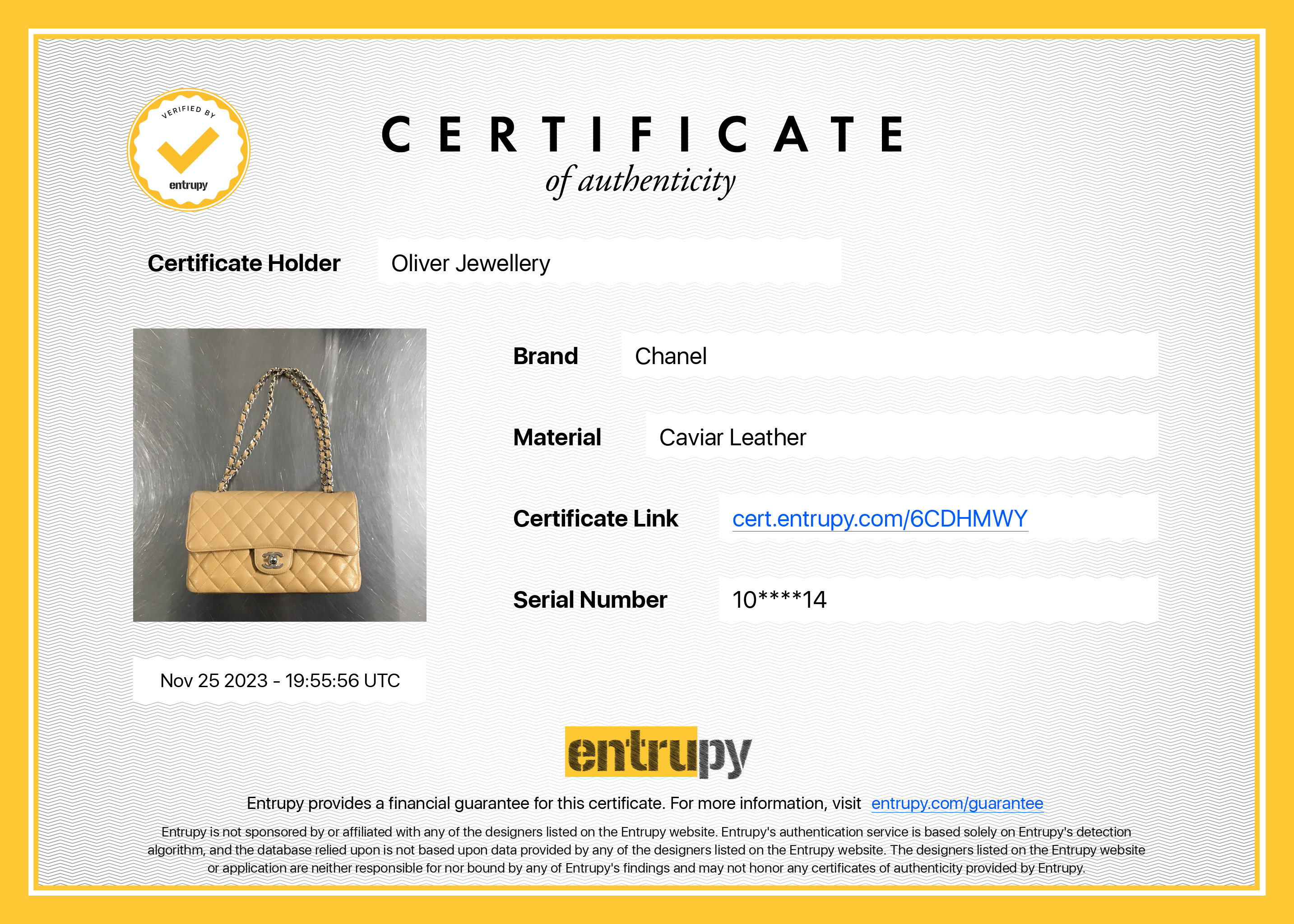 Chanel Beige Caviar Leather Classic Medium Double Flap Bag w/ Box & Authenticity Card