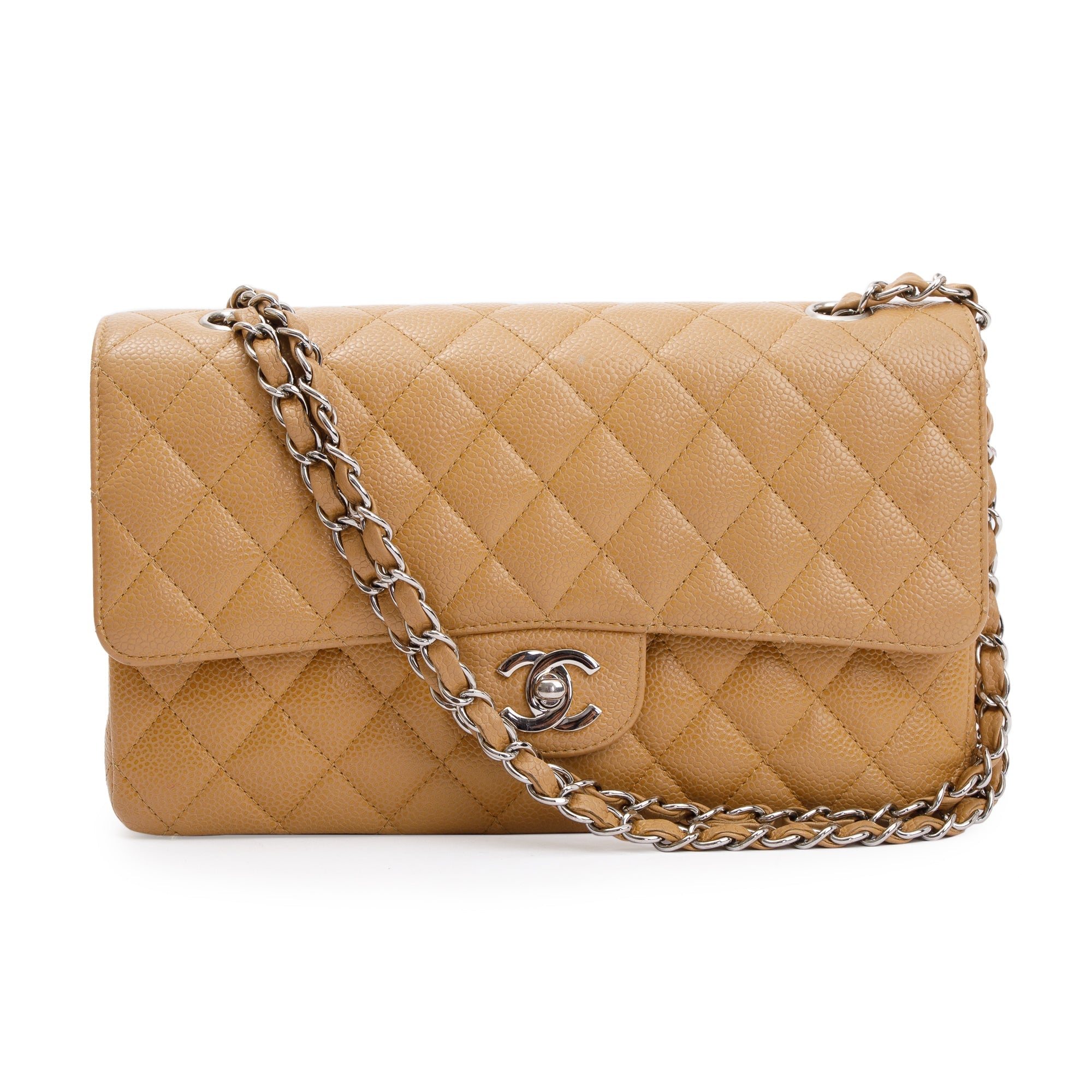 Chanel Beige Caviar Leather Classic Medium Double Flap Bag w/ Box & Authenticity Card