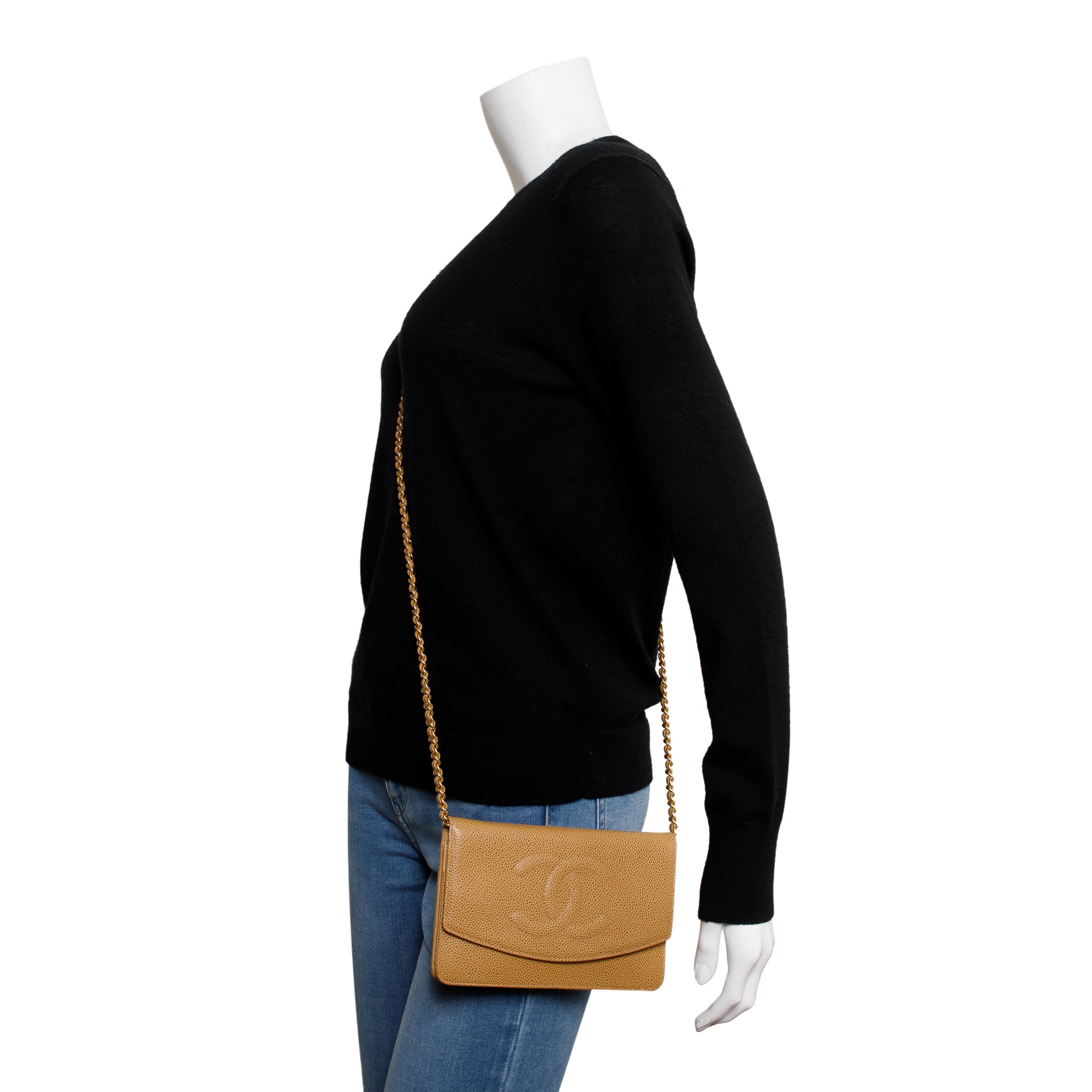 Chanel Beige Caviar Leather Timeless Wallet on Chain