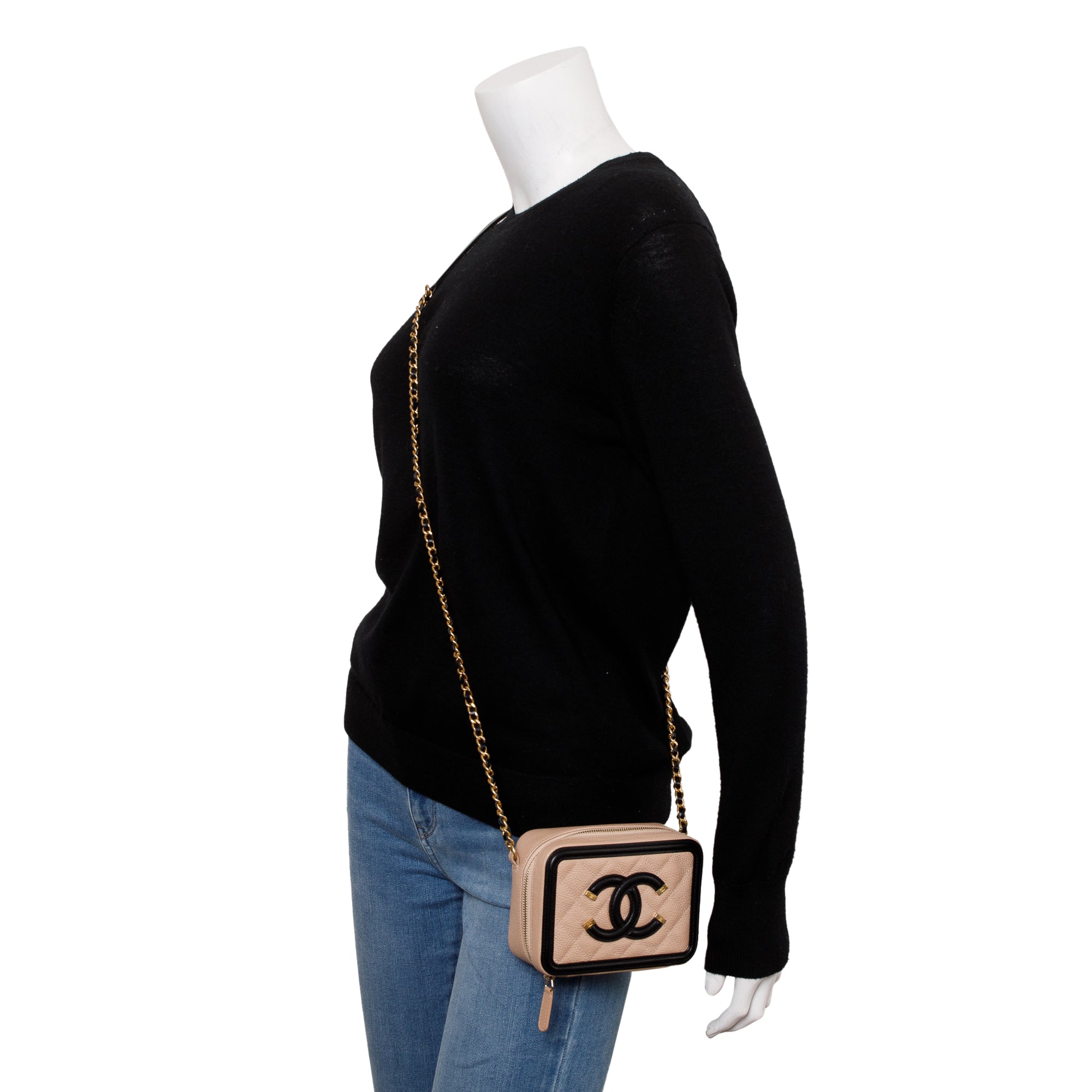 Chanel Beige Caviar Quilted Leather CC Filigree Vanity Chain Clutch w/ Receipt