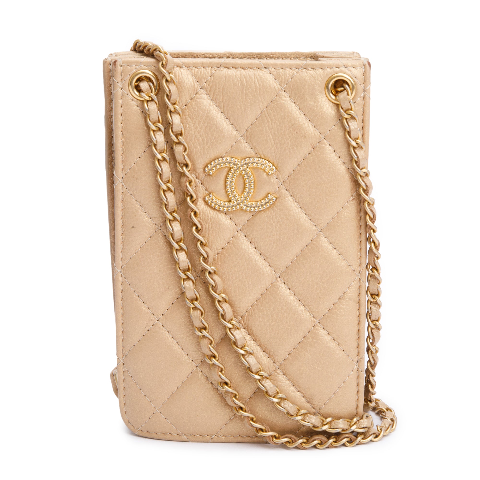 Chanel Beige Iridescent Quilted Calfskin Leather CC Crossbody Phone Holder