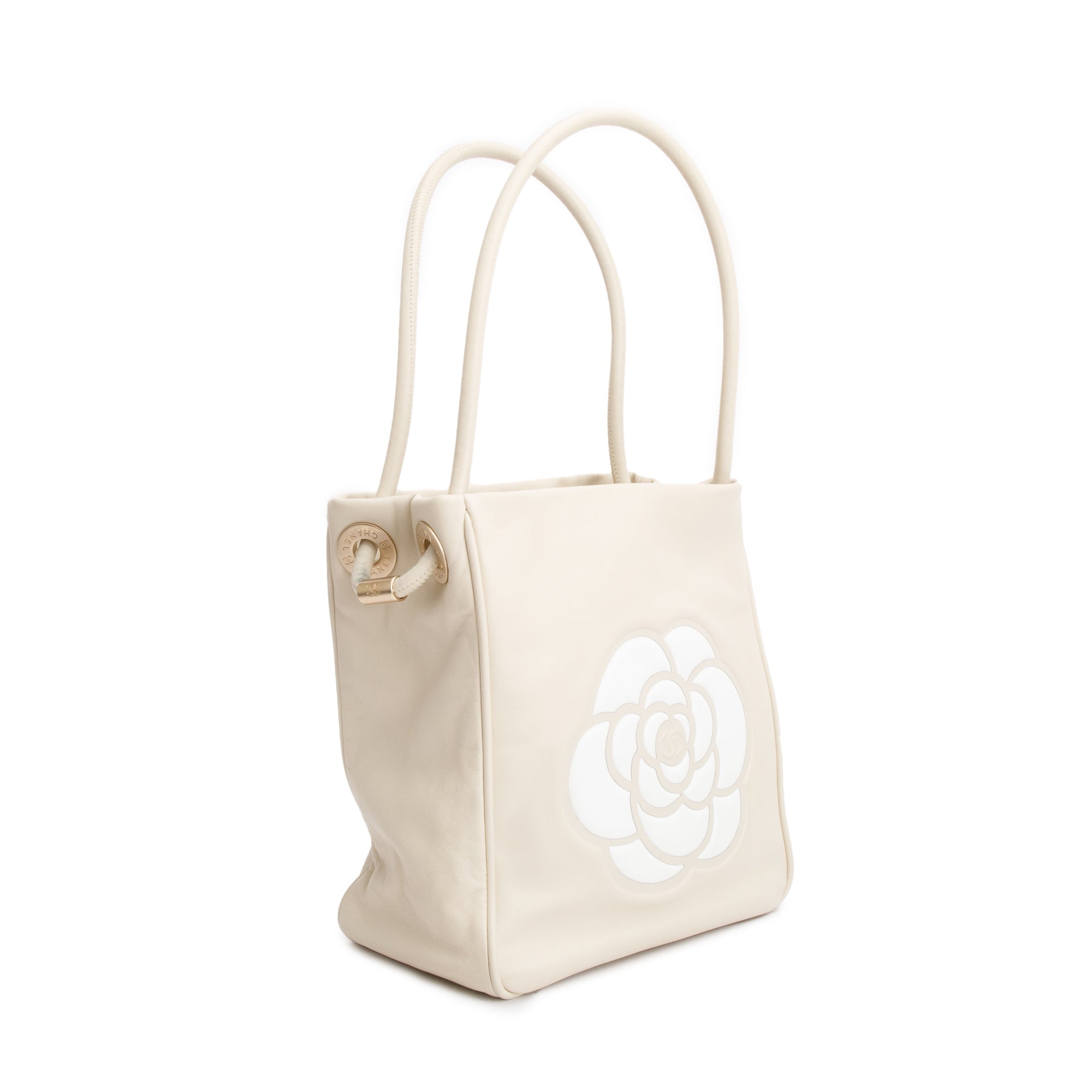 Chanel Beige Lambskin Leather Camellia Tote Bag