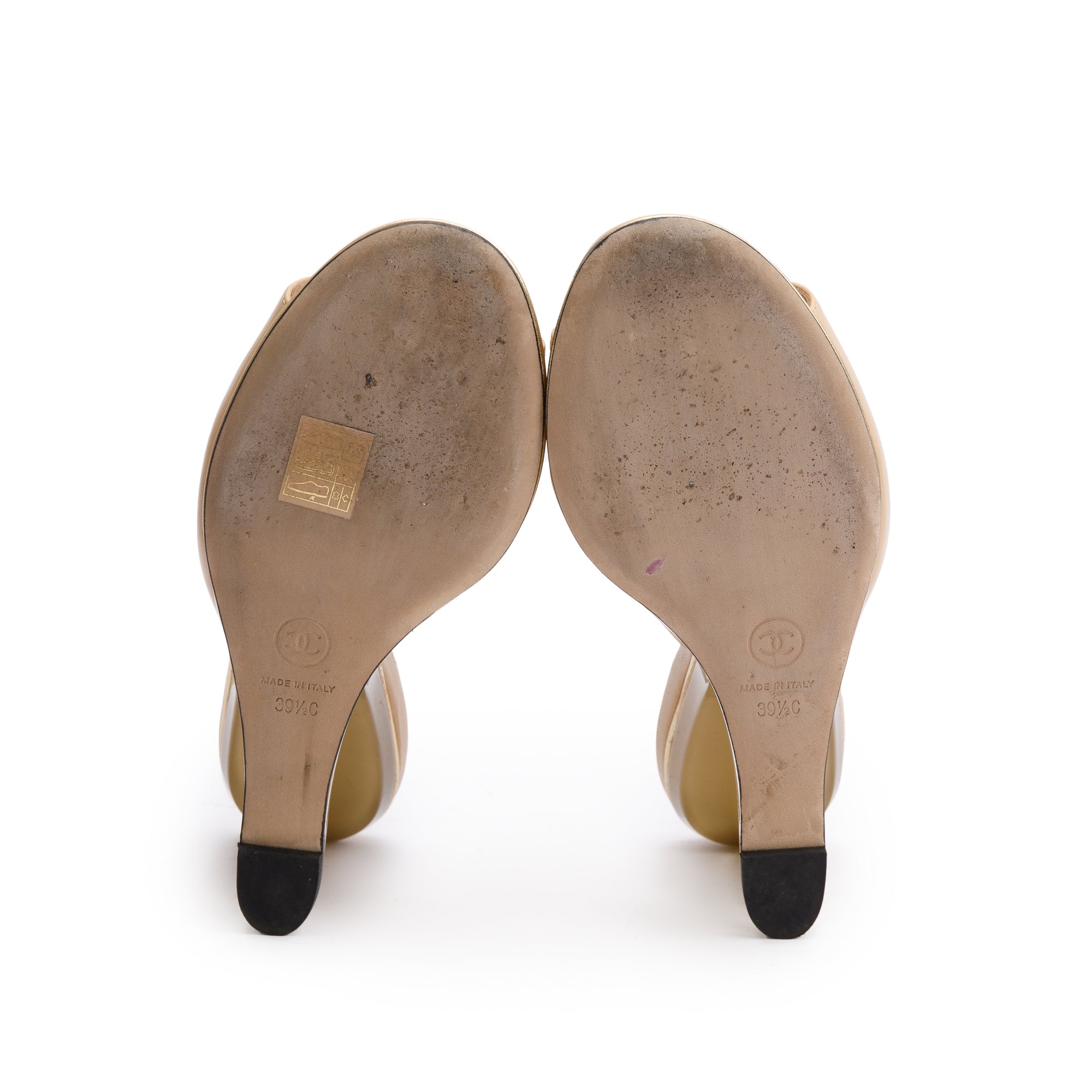 Chanel Beige Lambskin Leather Lucite CC Wedge Mules, Size 39.5 w/ Box