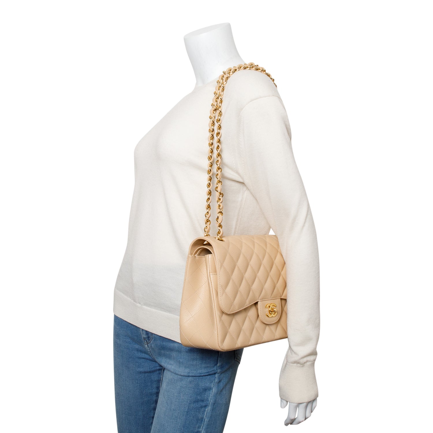 Chanel Beige Quilted Caviar Leather Classic Jumbo Double Flap Bag w/ Authenticity Card