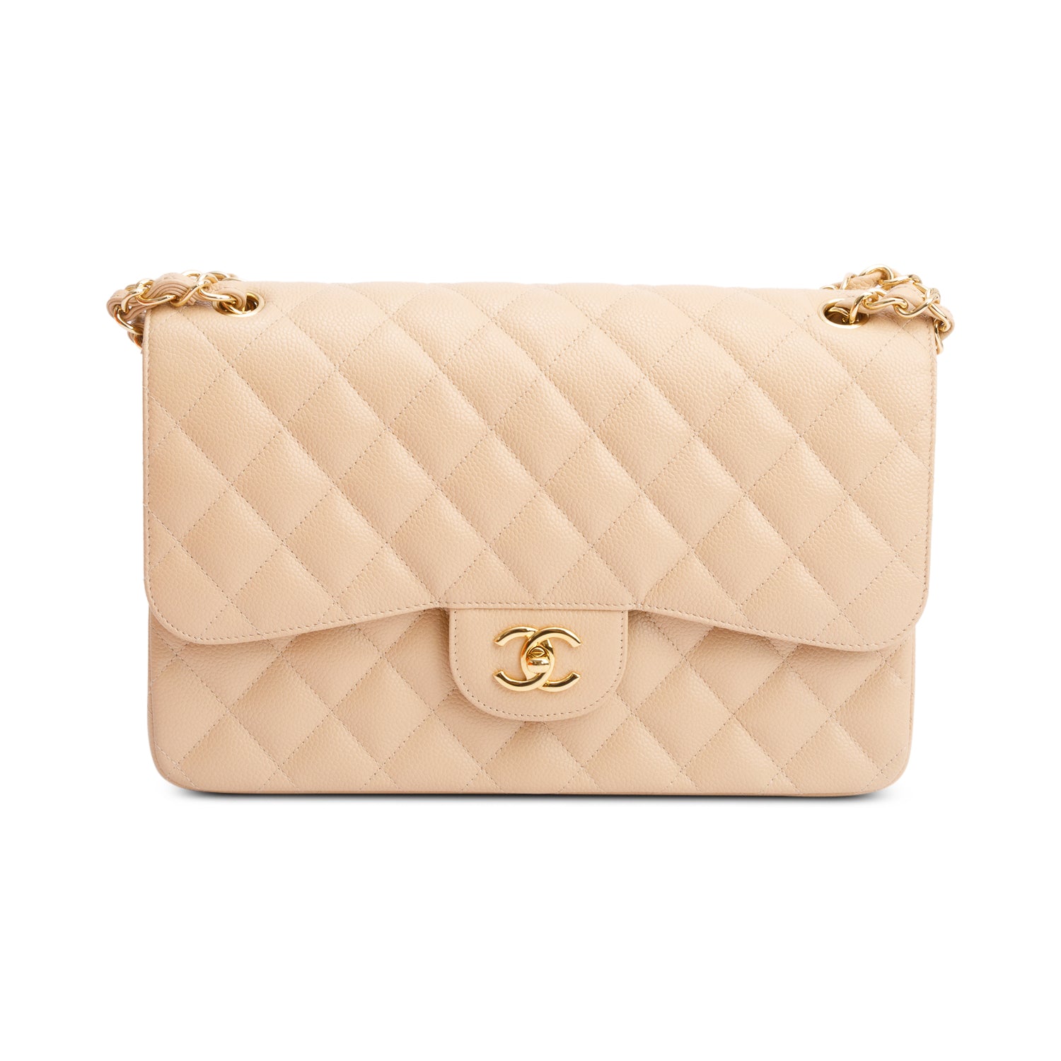 Chanel Beige Quilted Caviar Leather Classic Jumbo Double Flap Bag w/ Authenticity Card