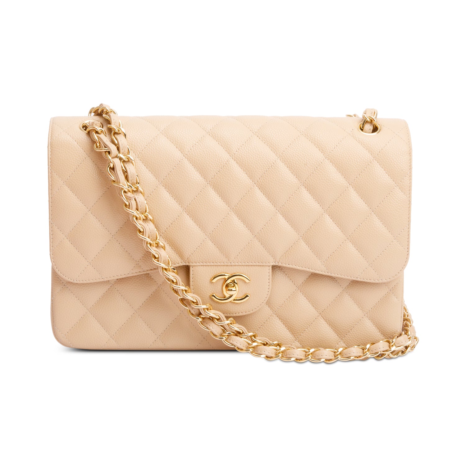 Chanel Beige Quilted Caviar Leather Classic Jumbo Double Flap Bag w/ Authenticity Card