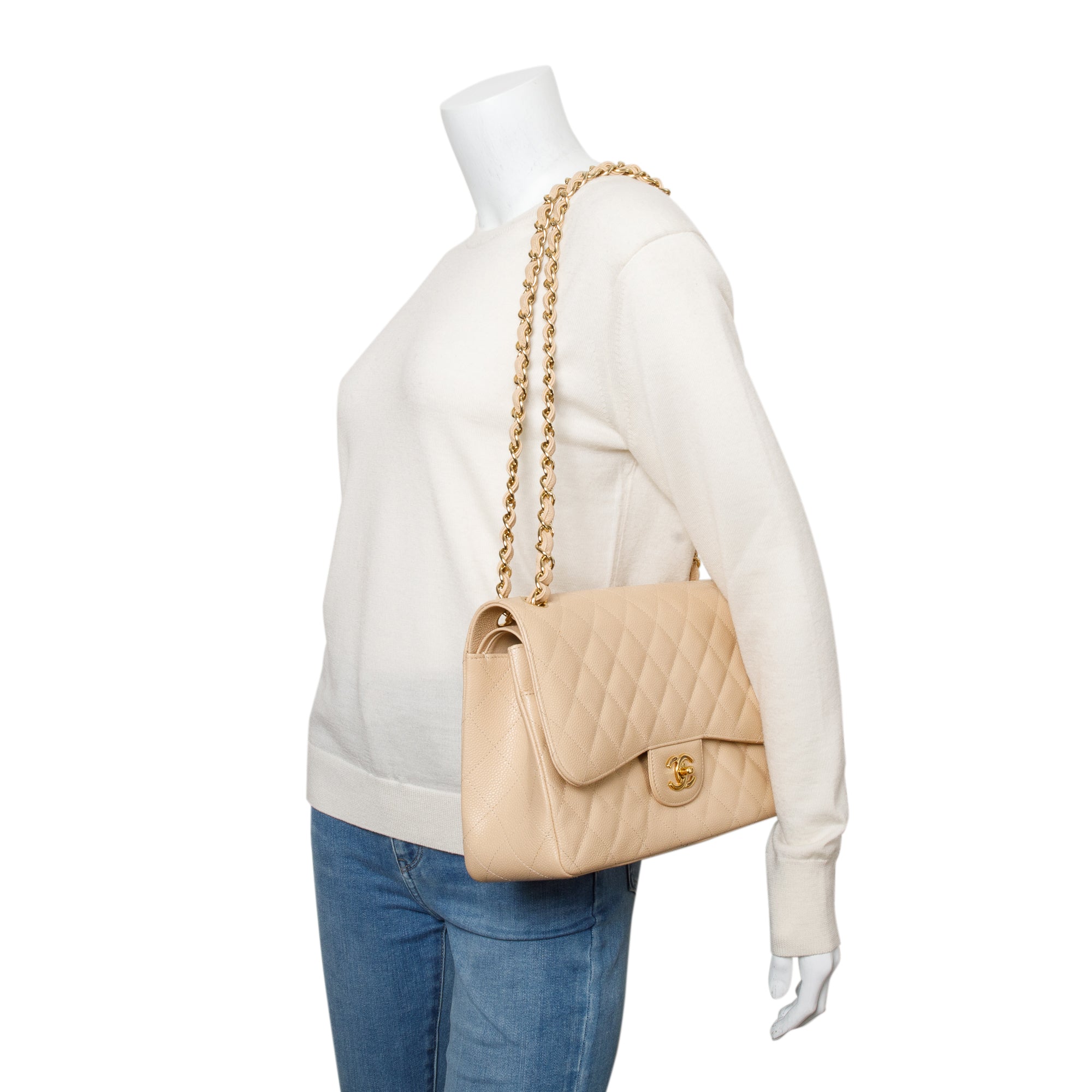 Chanel Beige Quilted Caviar Leather Classic Jumbo Double Flap Bag w/ Box & Authenticity Card