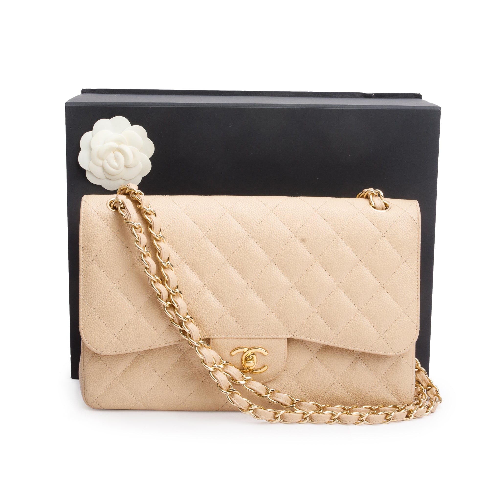 Chanel Beige Quilted Caviar Leather Classic Jumbo Double Flap Bag w/ Box & Authenticity Card