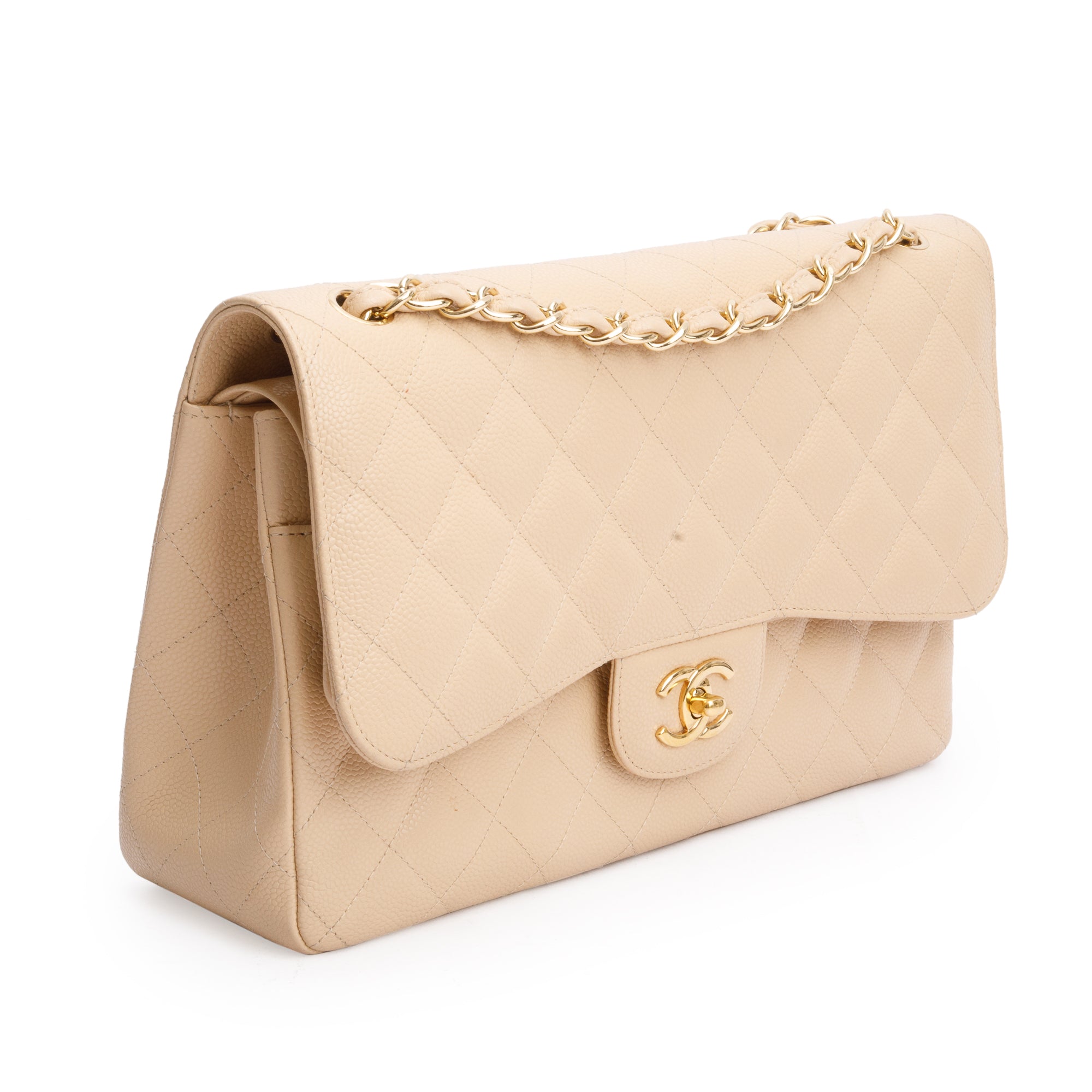 Chanel Beige Quilted Caviar Leather Classic Jumbo Double Flap Bag w/ Box & Authenticity Card