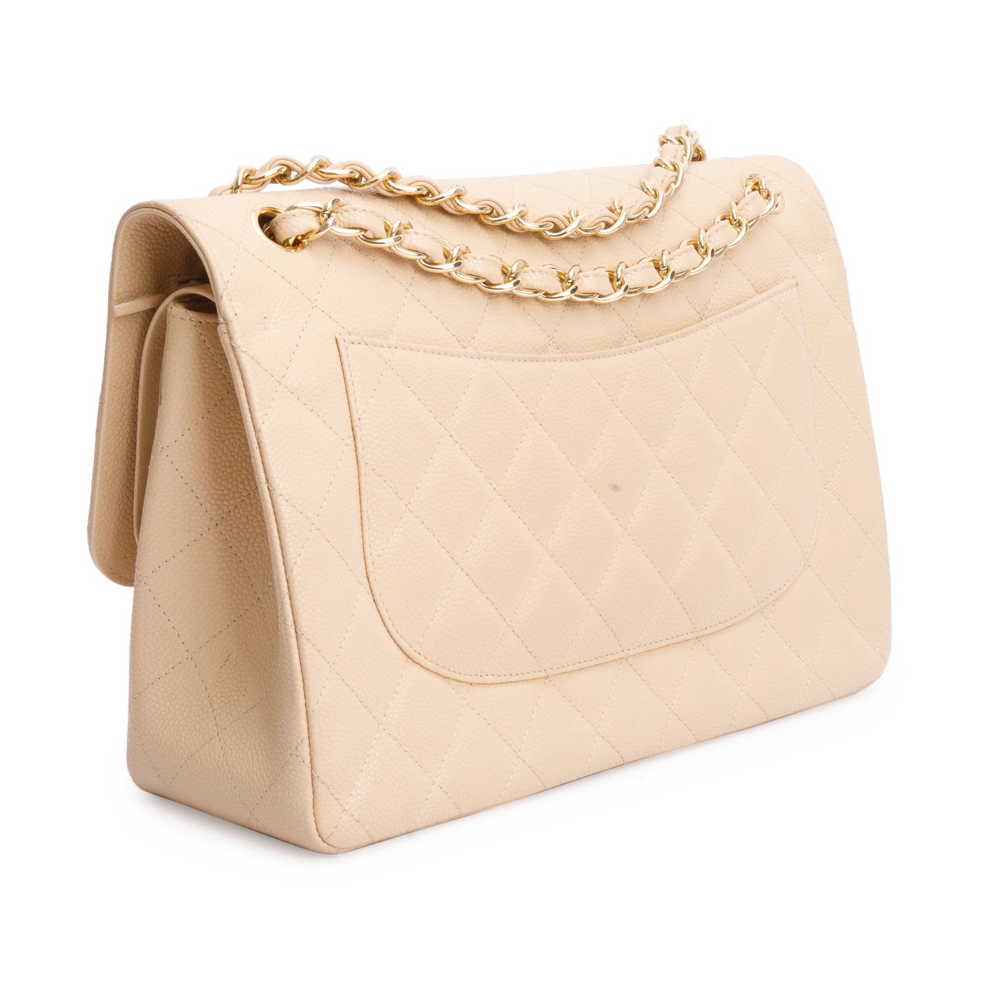Chanel Beige Quilted Caviar Leather Classic Jumbo Double Flap Bag w/ Box & Authenticity Card