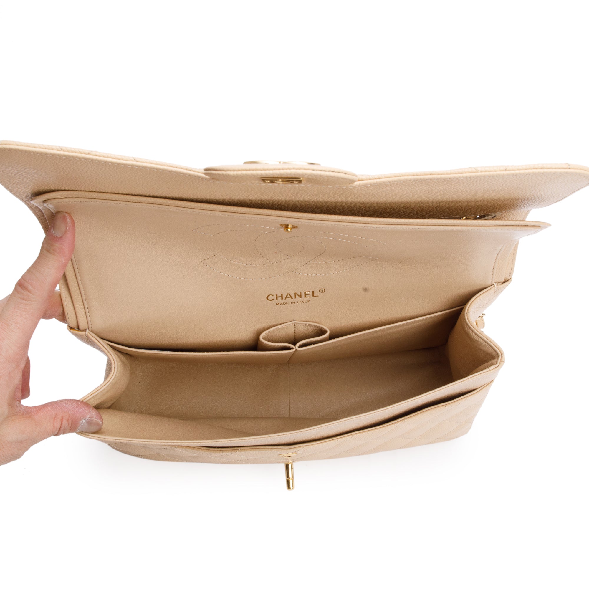 Chanel Beige Quilted Caviar Leather Classic Jumbo Double Flap Bag w/ Box & Authenticity Card