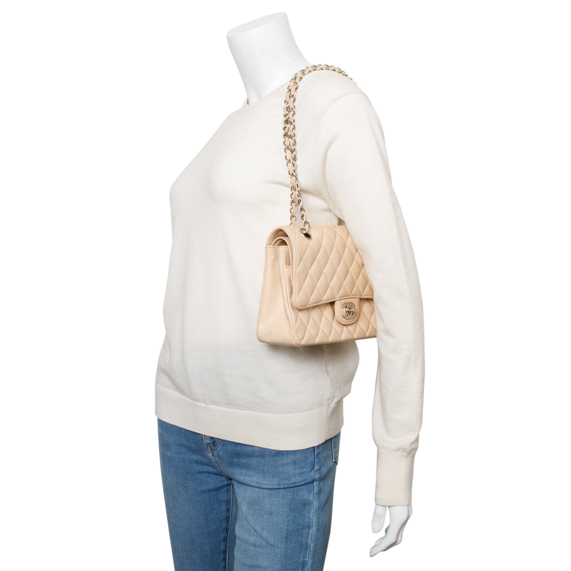 Chanel Beige Quilted Caviar Leather Classic Medium Double Flap Bag