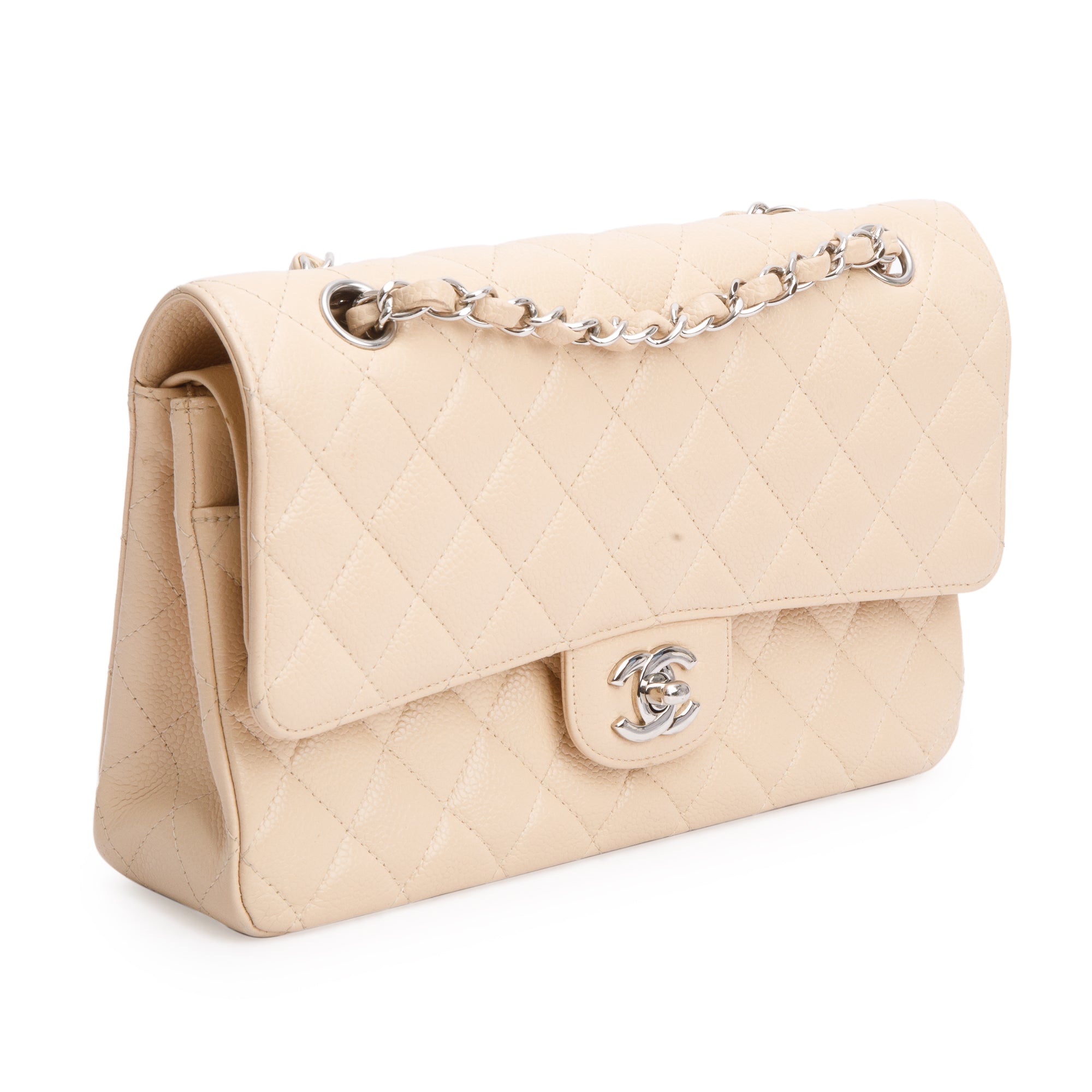 Chanel Beige Quilted Caviar Leather Classic Medium Double Flap Bag