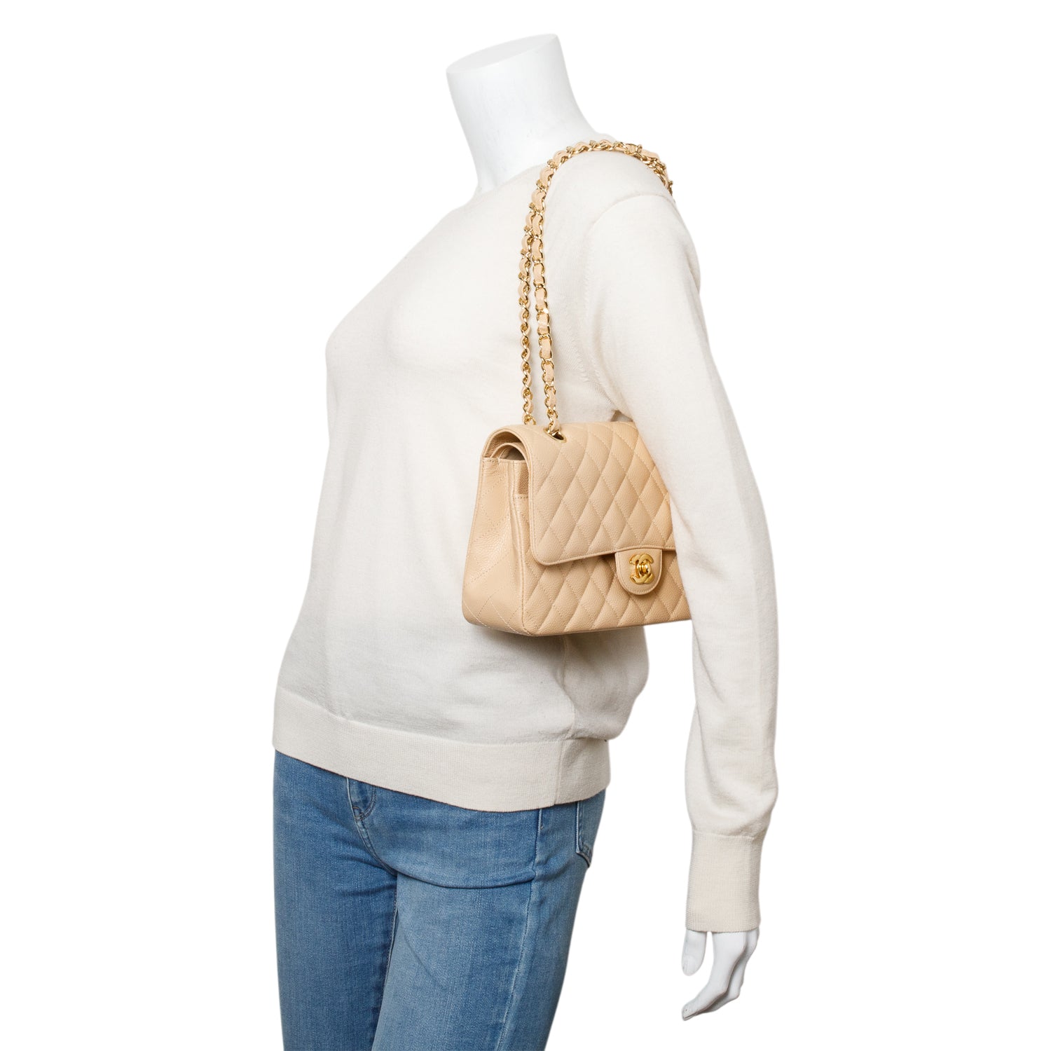 Chanel Beige Quilted Caviar Leather Classic Medium Double Flap Bag w/ Box & Authenticity Card