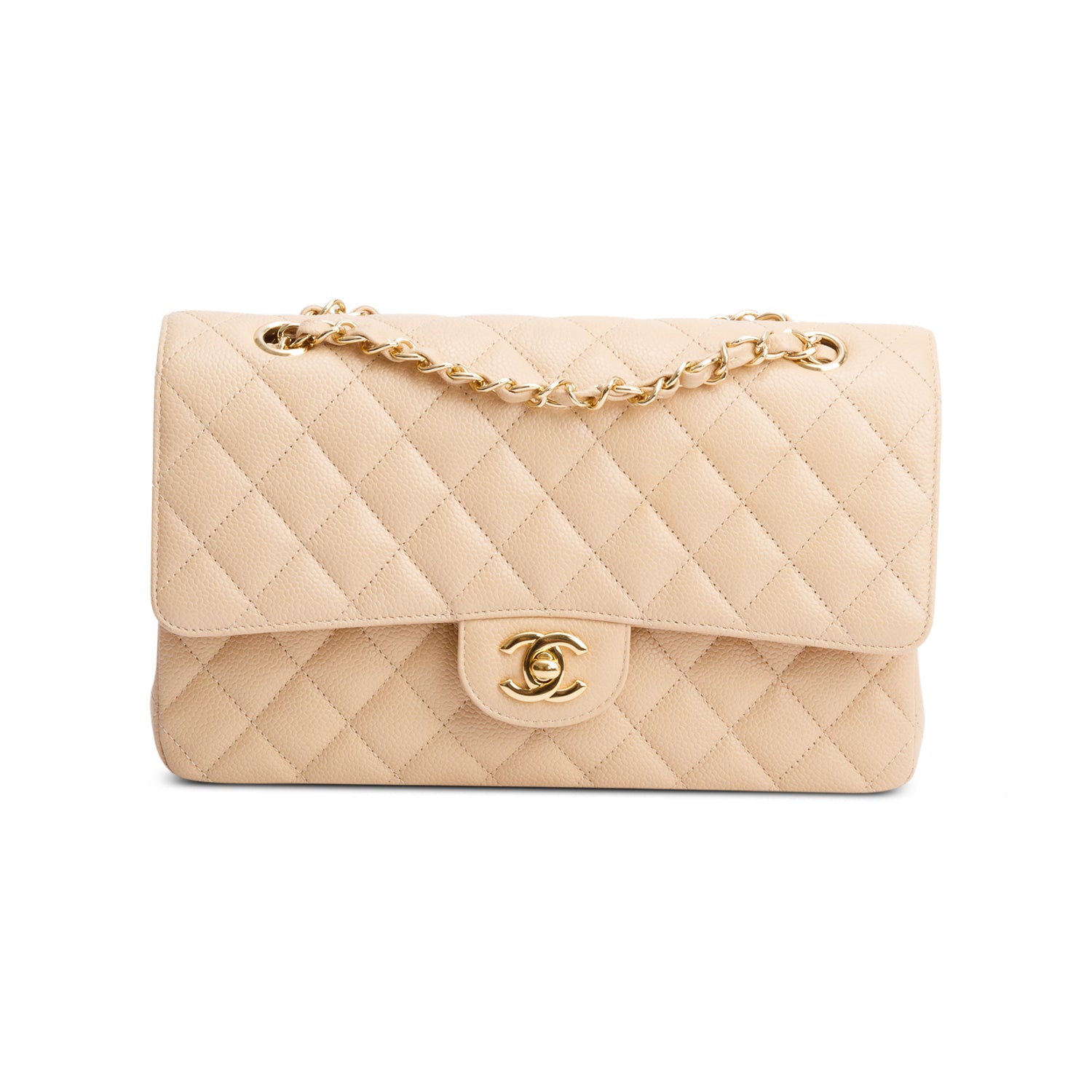 Chanel Beige Quilted Caviar Leather Classic Medium Double Flap Bag w/ Box & Authenticity Card
