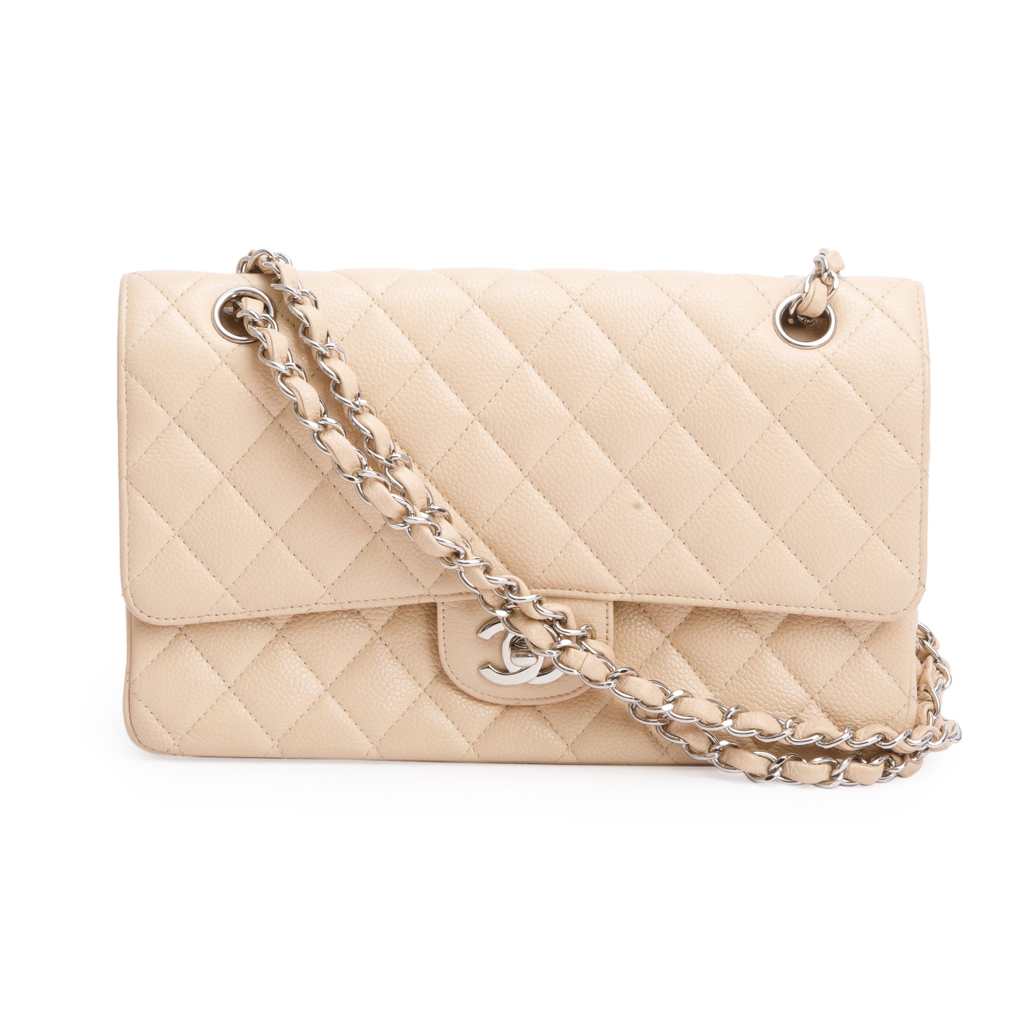 Chanel Beige Quilted Caviar Leather Classic Medium Double Flap Bag
