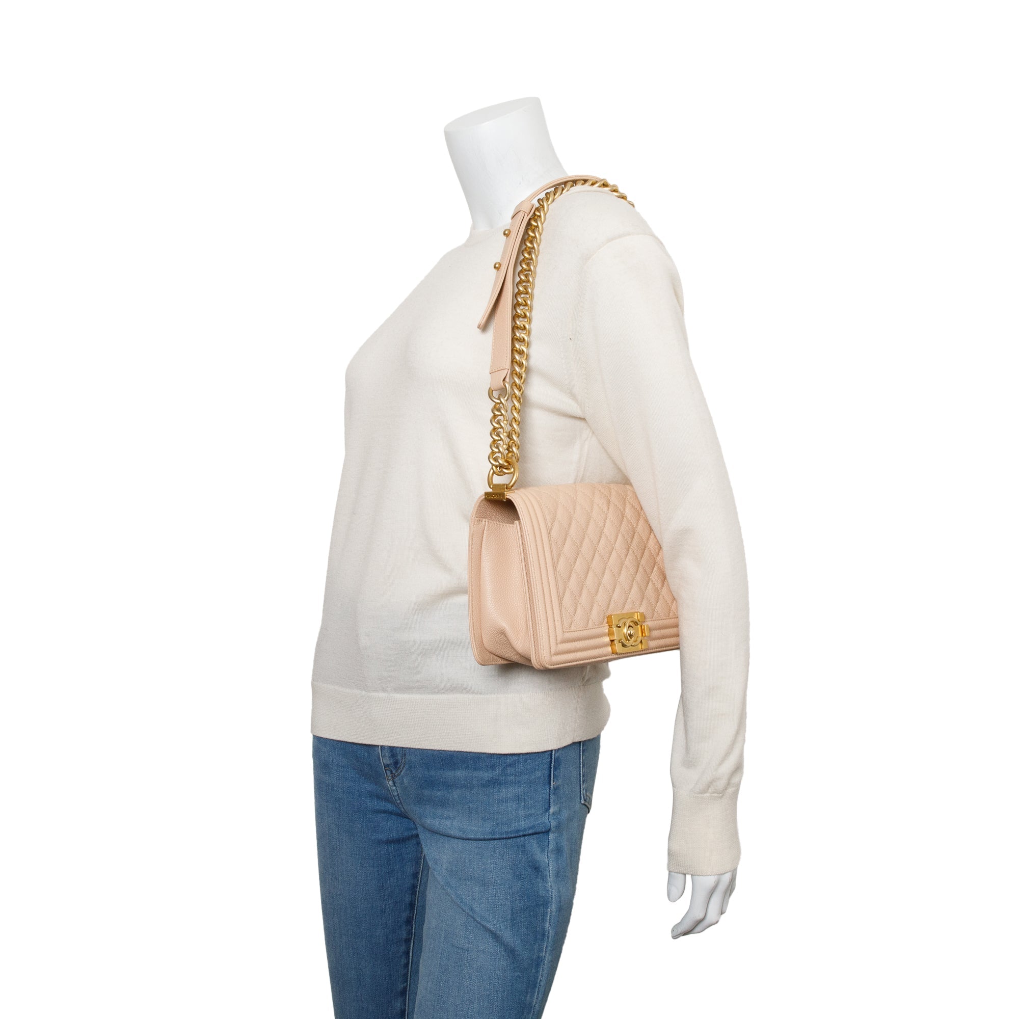 Chanel Beige Quilted Caviar Leather Medium Boy Bag