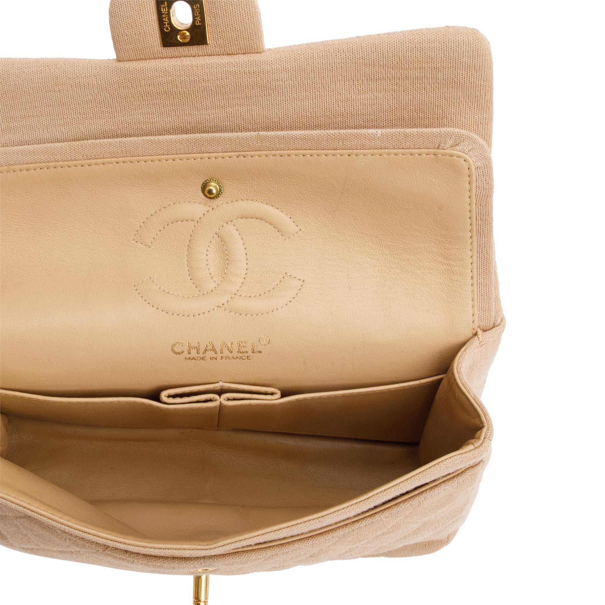 Chanel Beige Quilted Jersey Classic Medium Double Flap Bag