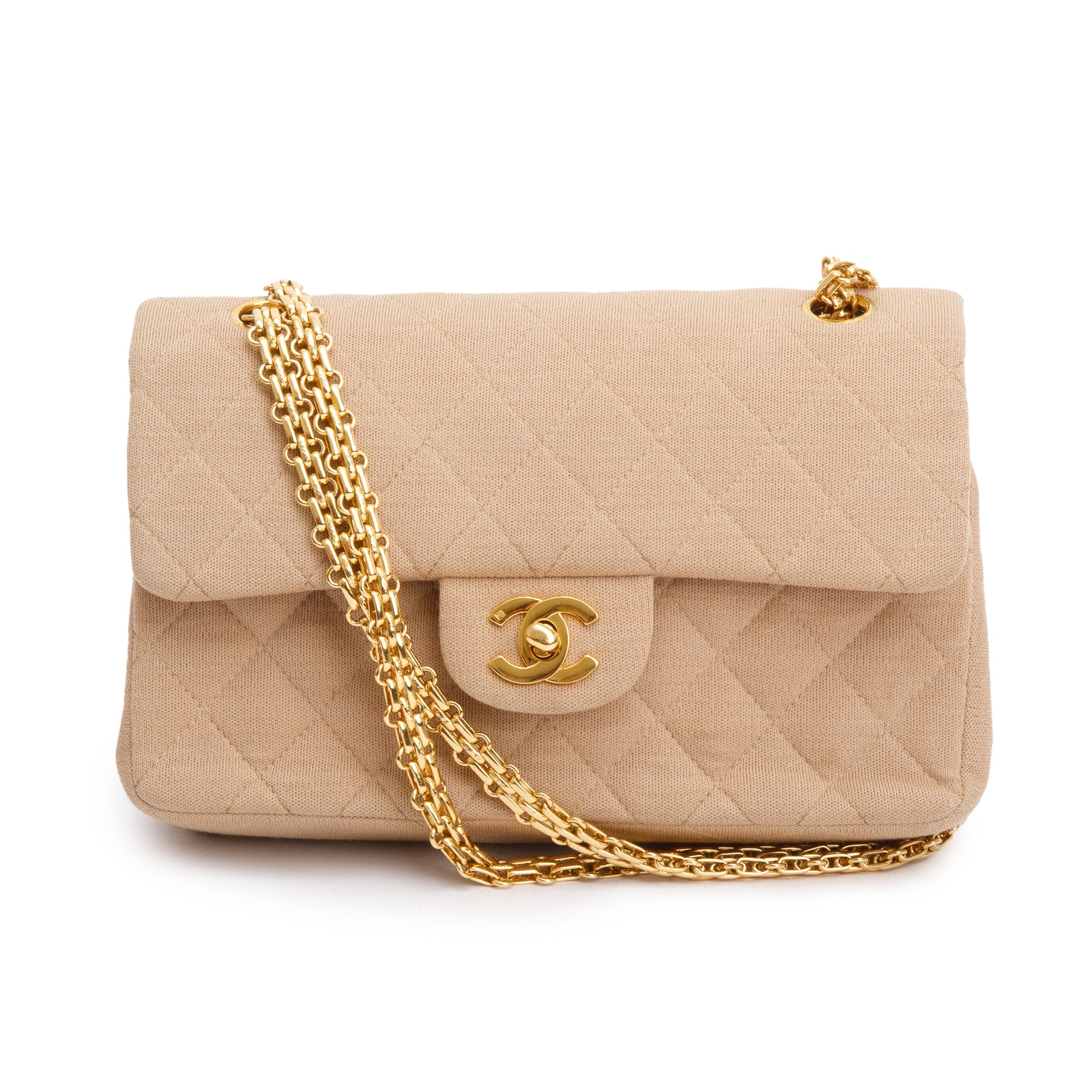 Chanel Beige Quilted Jersey Classic Medium Double Flap Bag