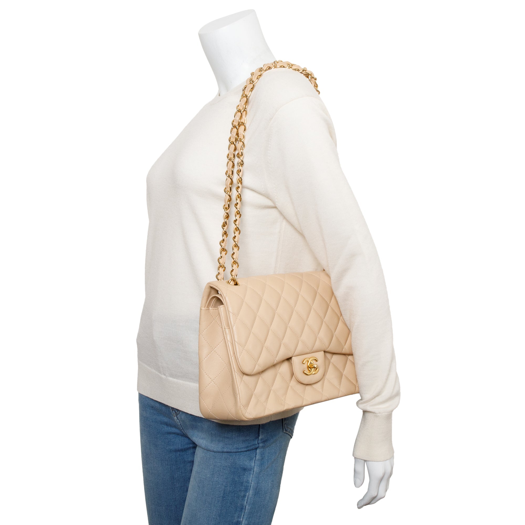 Chanel Beige Quilted Lambskin Leather Classic Jumbo Double Flap Bag w/ Authenticity Card