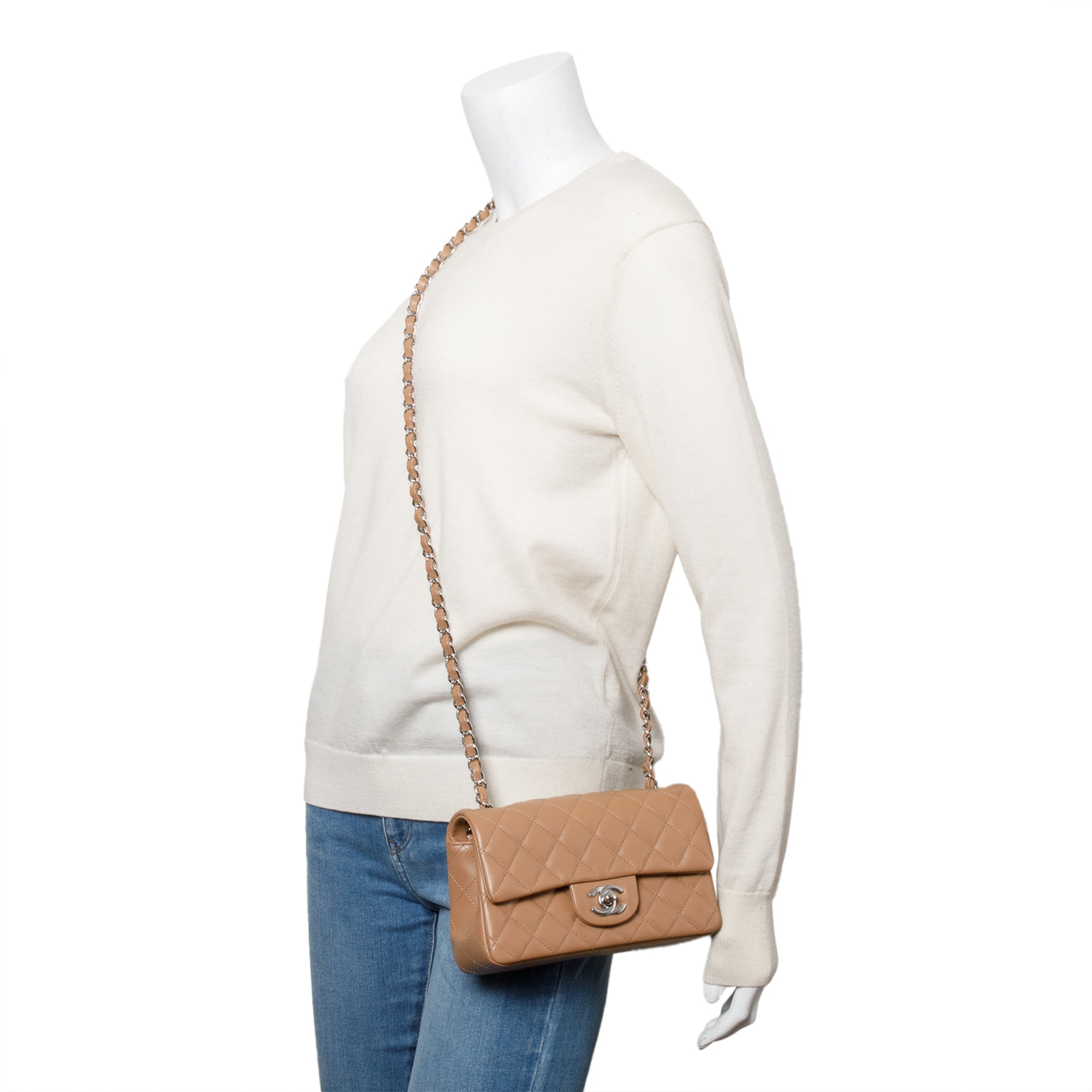 Chanel Beige Quilted Lambskin Leather Classic Mini Rectangular Flap Bag w/ Box
