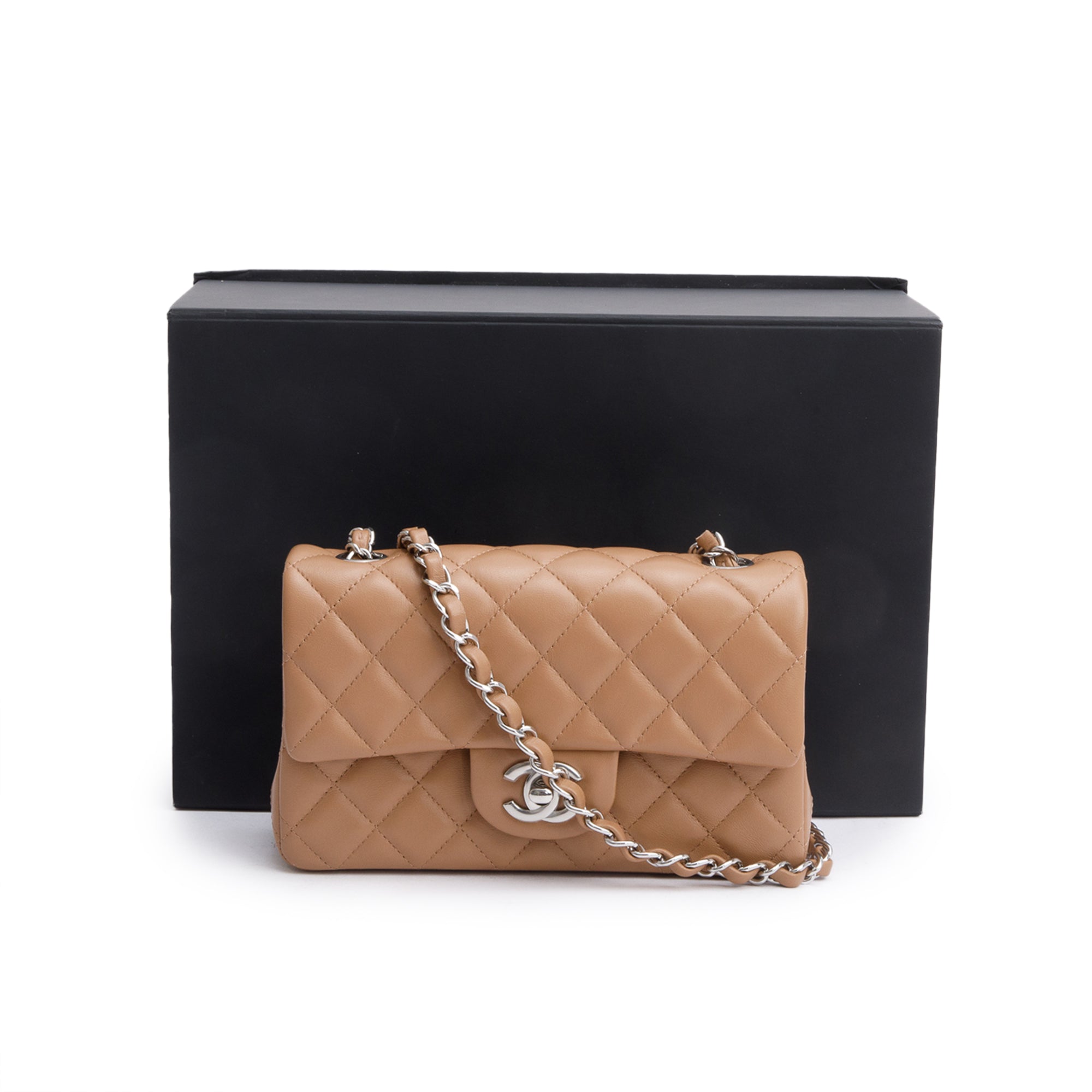 Chanel Beige Quilted Lambskin Leather Classic Mini Rectangular Flap Bag w/ Box