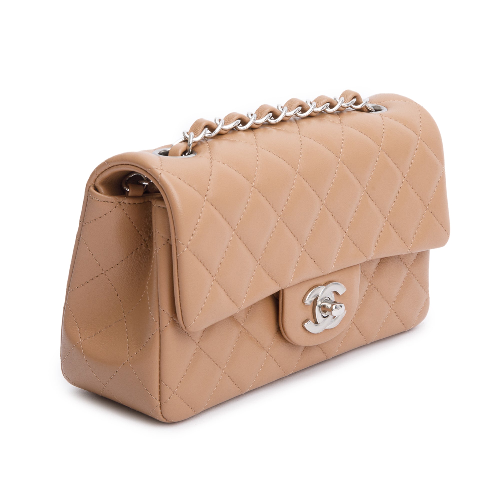 Chanel Beige Quilted Lambskin Leather Classic Mini Rectangular Flap Bag w/ Box