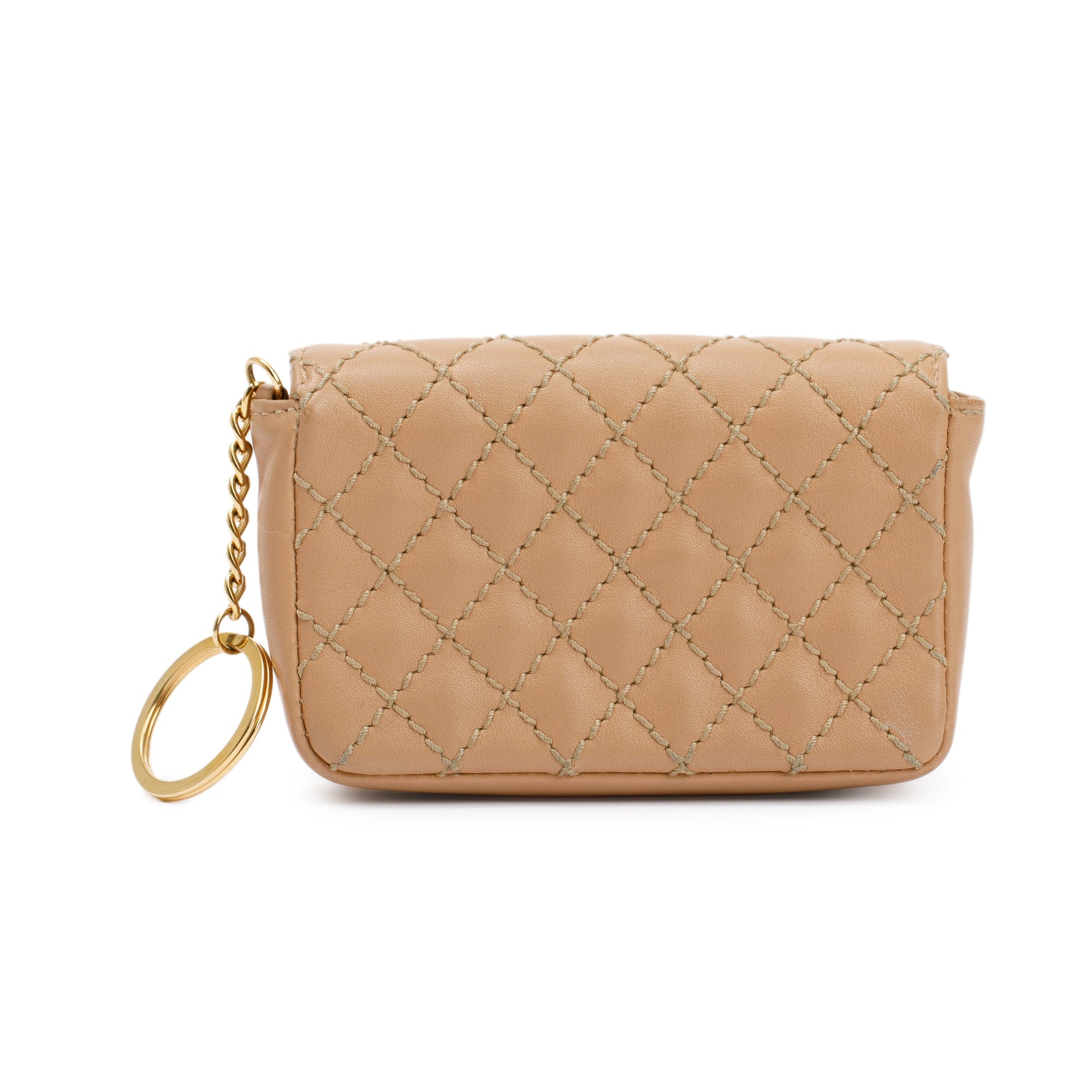 Chanel Beige Quilted Lambskin Leather Mini Flap Key Ring Bag Charm w/ Box
