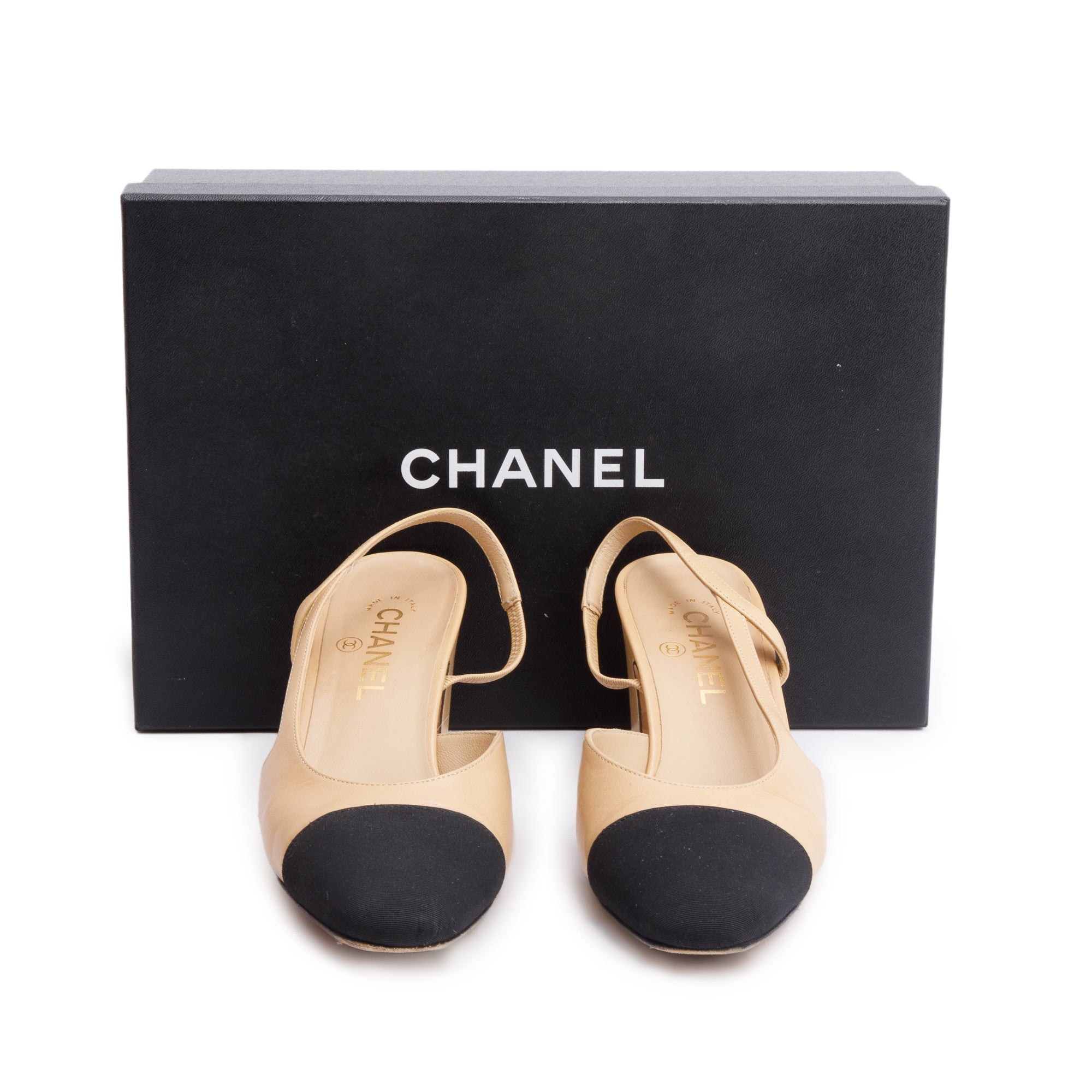 Chanel Beige/Black Lambskin Grosgrain Interlocking CC Logo Sling Back Shoes, Size 39 w/ Box