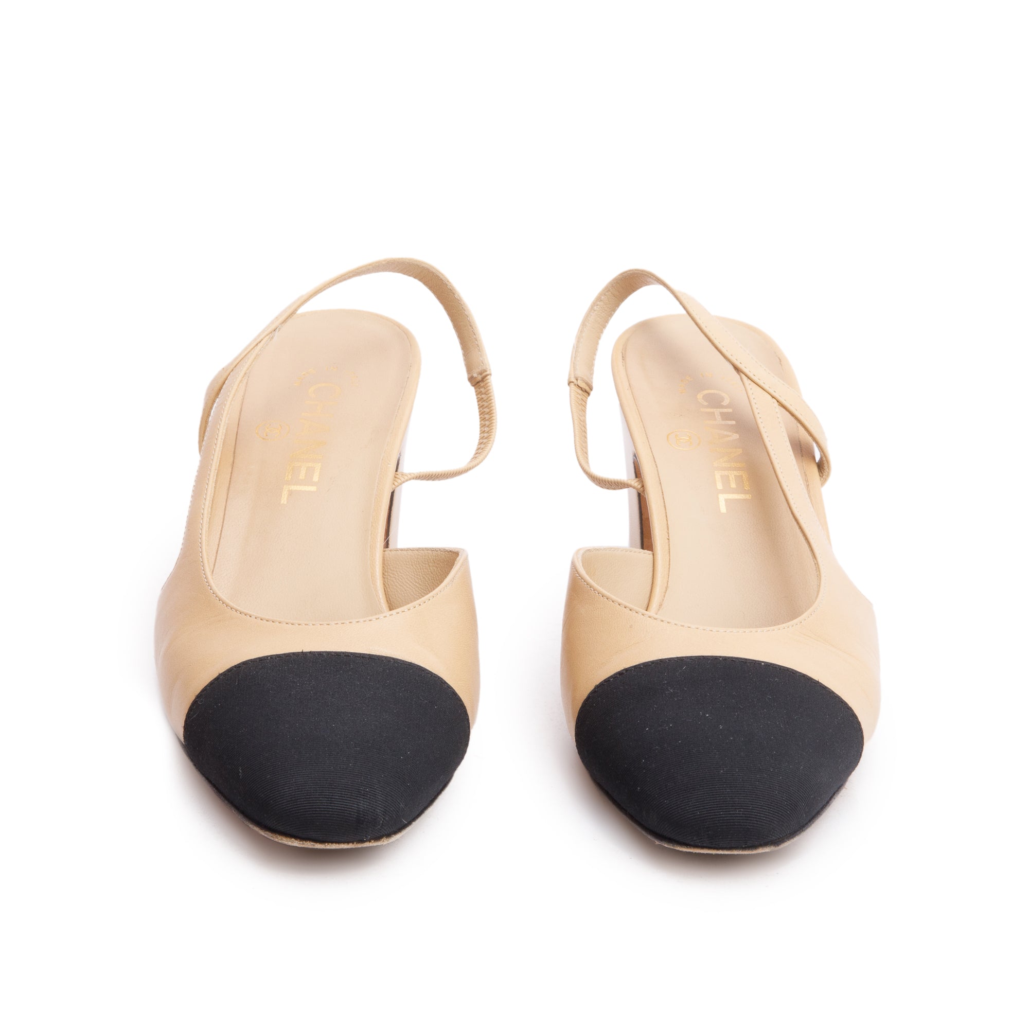 Chanel Beige/Black Lambskin Grosgrain Interlocking CC Logo Sling Back Shoes, Size 39 w/ Box