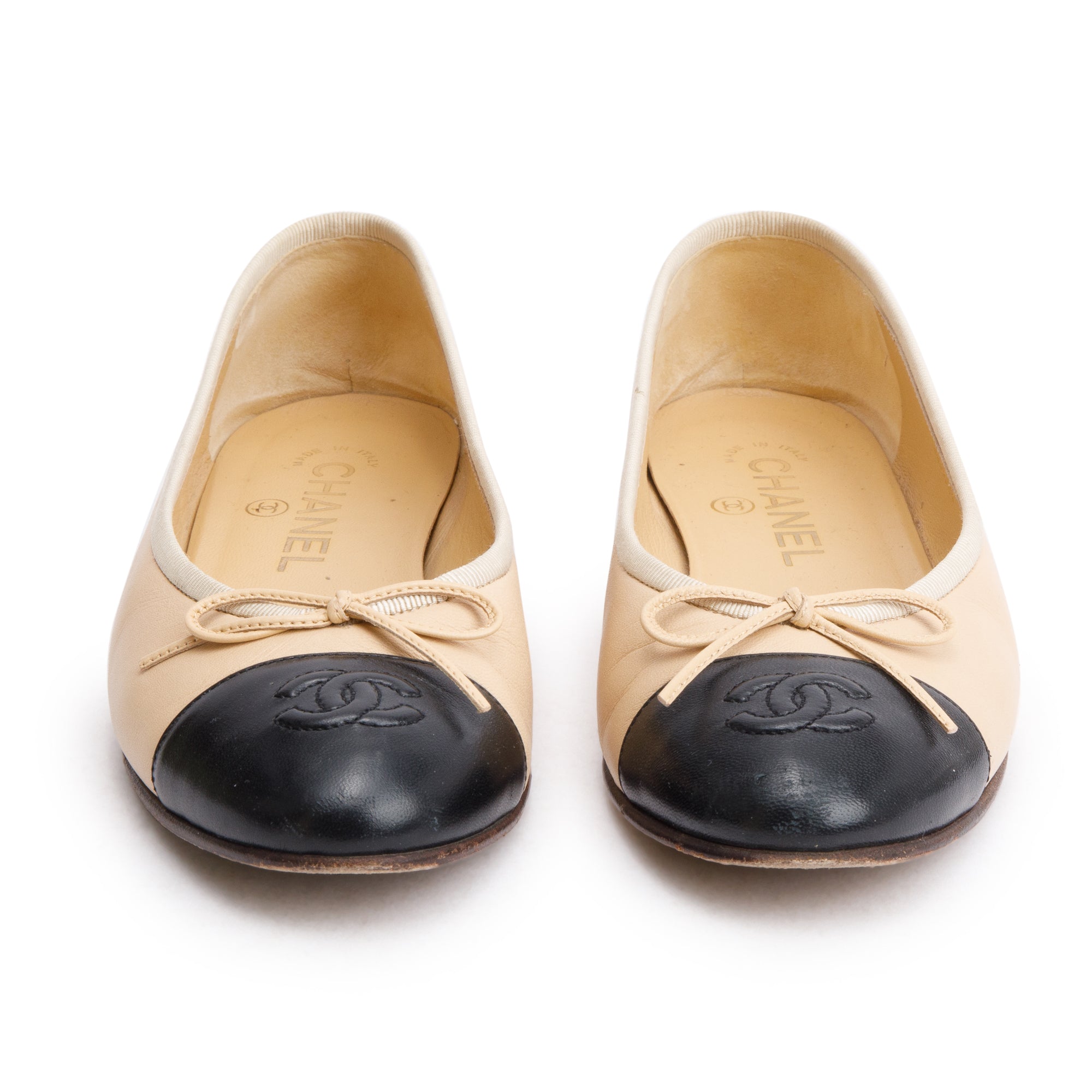 Chanel Beige/Black Lambskin Interlocking CC Logo Flats, Size 36.5 w/ Box & Receipt
