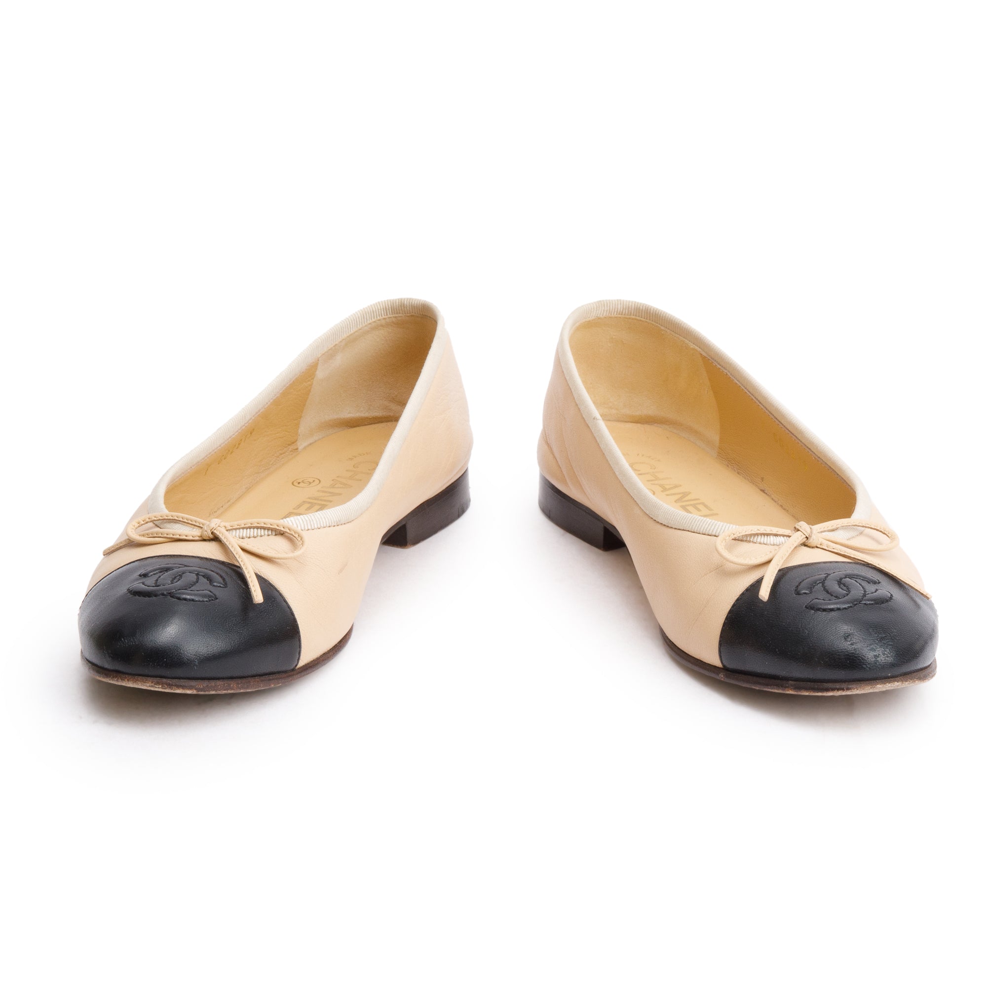 Chanel Beige/Black Lambskin Interlocking CC Logo Flats, Size 36.5 w/ Box & Receipt