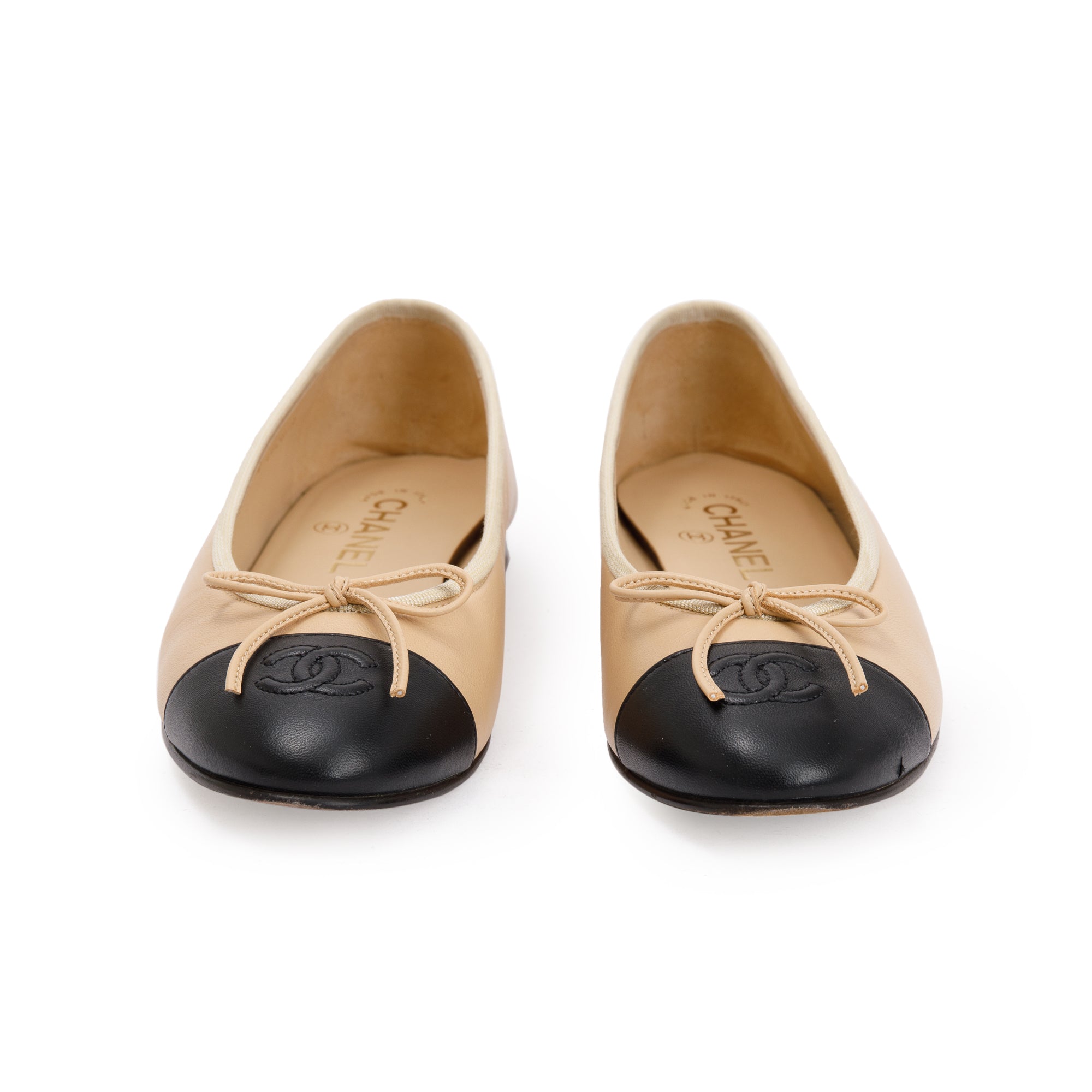 Chanel Beige/Black Lambskin Interlocking CC Logo Flats, Size 38 w/ Box