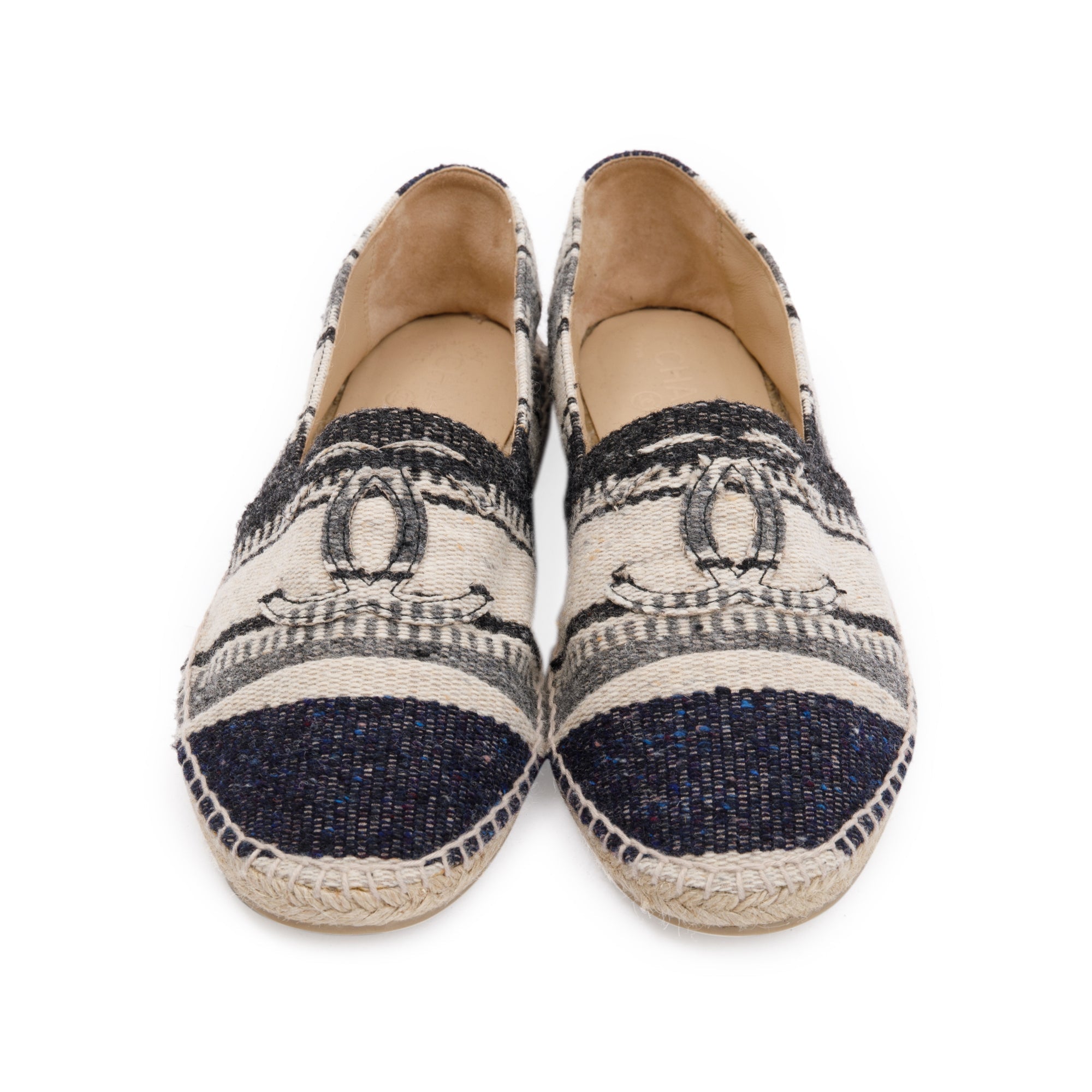 Chanel Beige/Black Wool Tweed Lambskin Espadrilles, Size 43 w/ Box