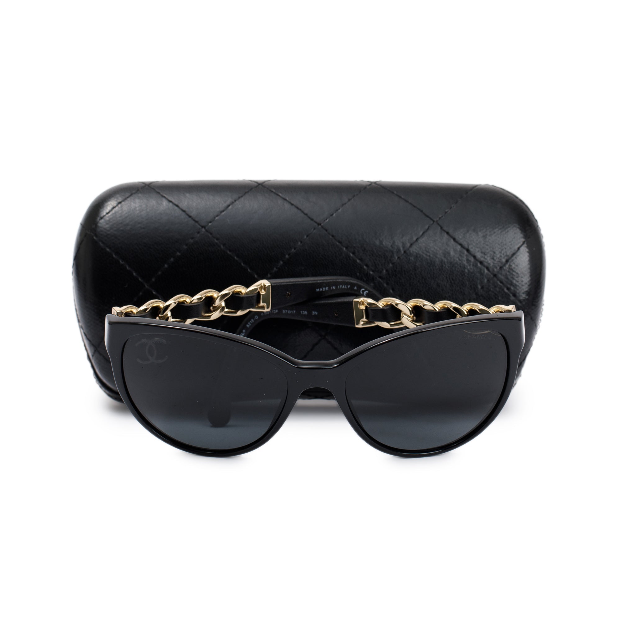 Chanel Black 5215-Q Interlocking CC Leather & Chain Link Sunglasses w/ Case