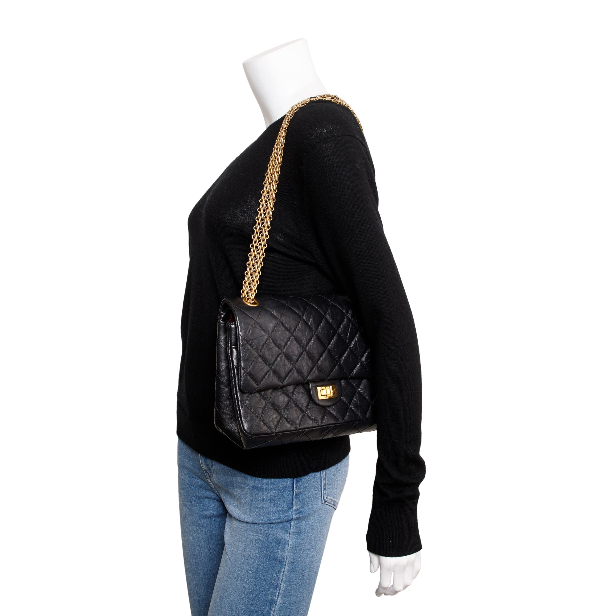 Chanel Black Aged Calfskin Leather 2.55 Reissue 226 Double Flap Bag w/ Box & Authenticity Card