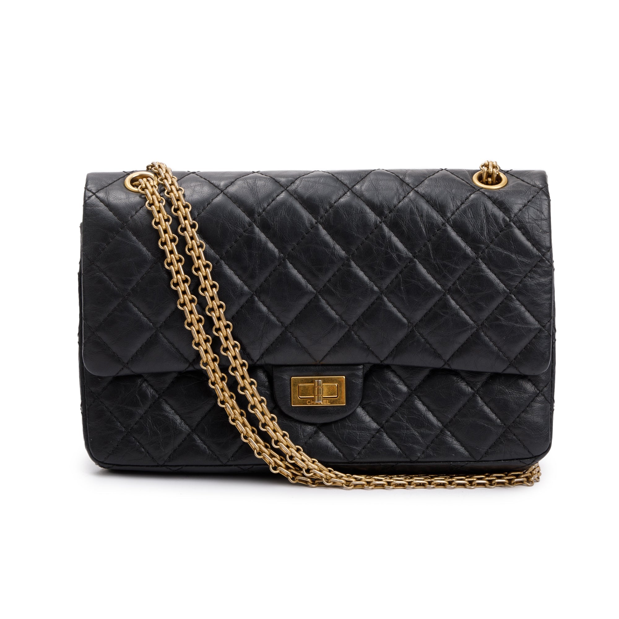 Chanel Black Aged Calfskin Leather 2.55 Reissue 226 Double Flap Bag w/ Box & Authenticity Card