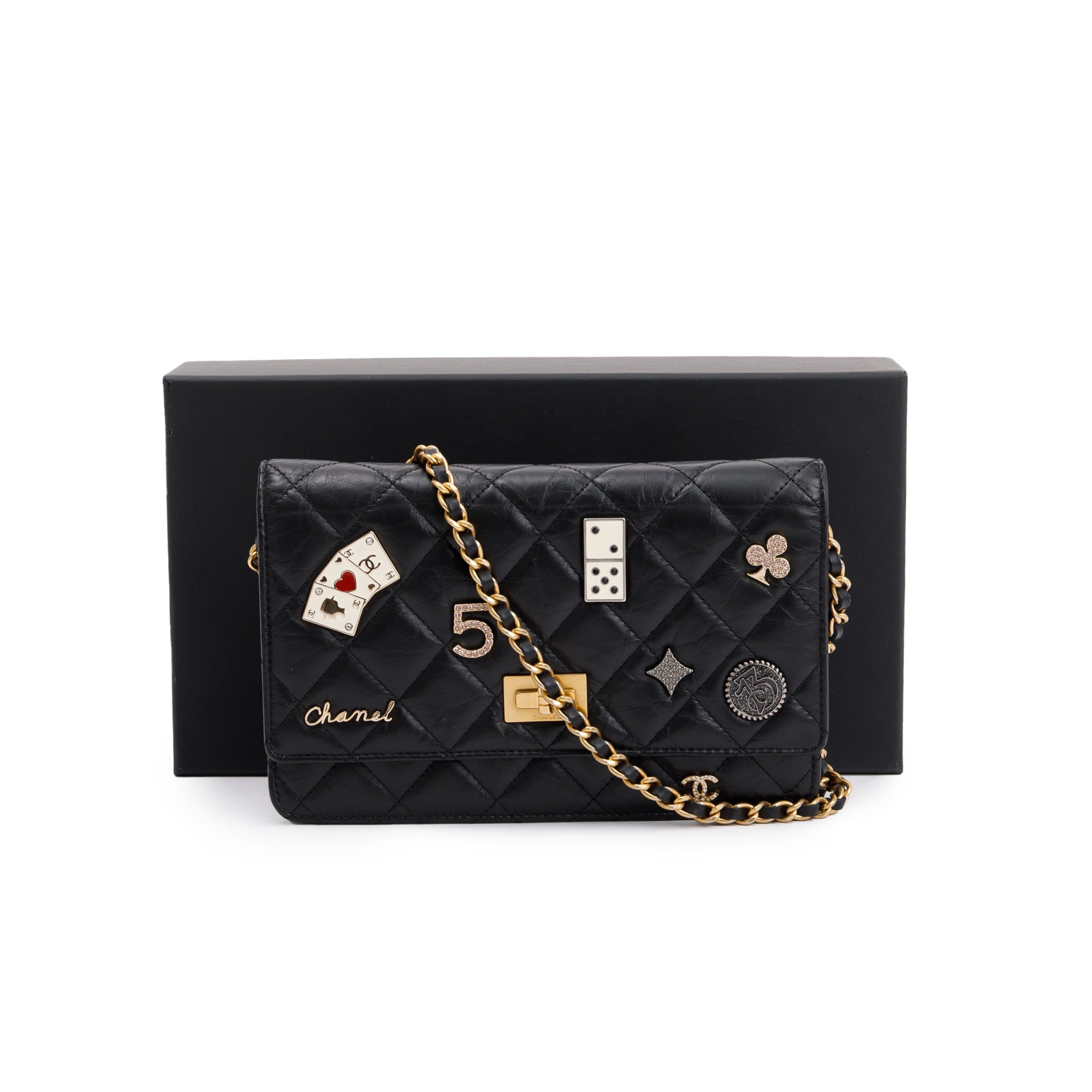 Chanel Black Aged Calfskin Leather Lucky Charms Reissue Wallet on Chain w/ Box & Authenticity Card