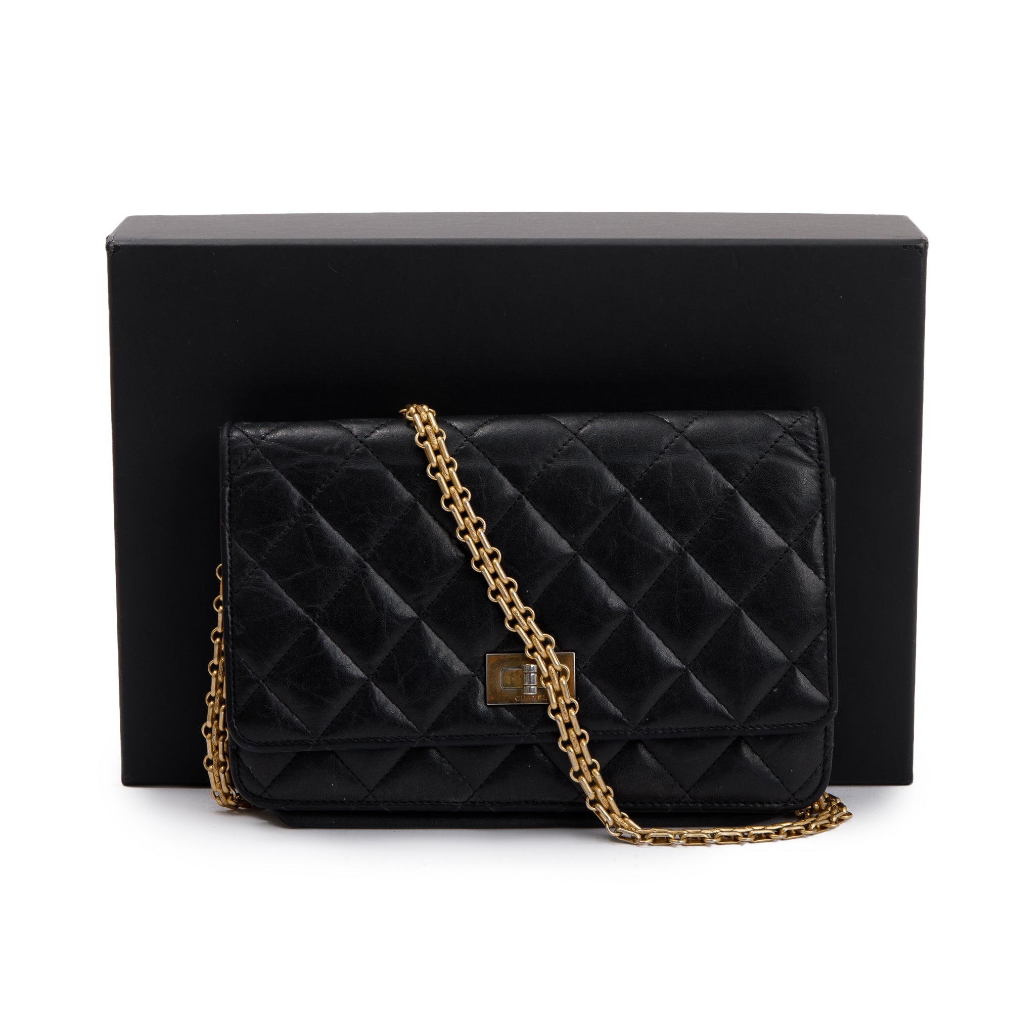 Chanel Black Aged Calfskin Leather Reissue Wallet on Chain w/ Box, Receipt & Authenticity Card