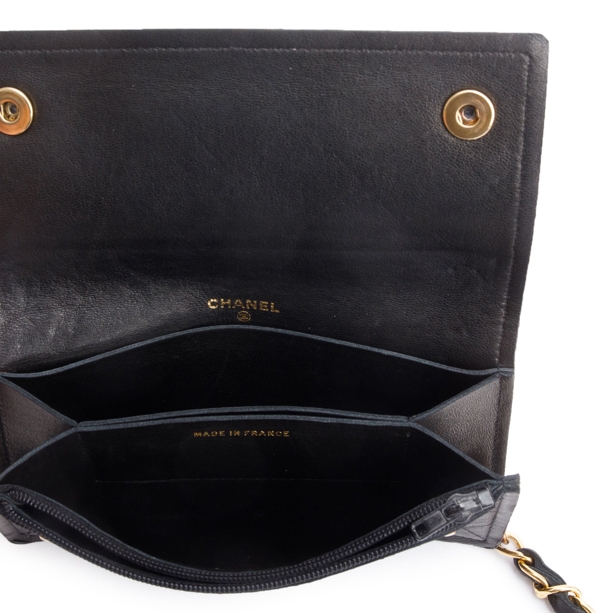 Chanel Black Calfskin Leather CC Logo Chain Bi-Fold Wallet w/ Box