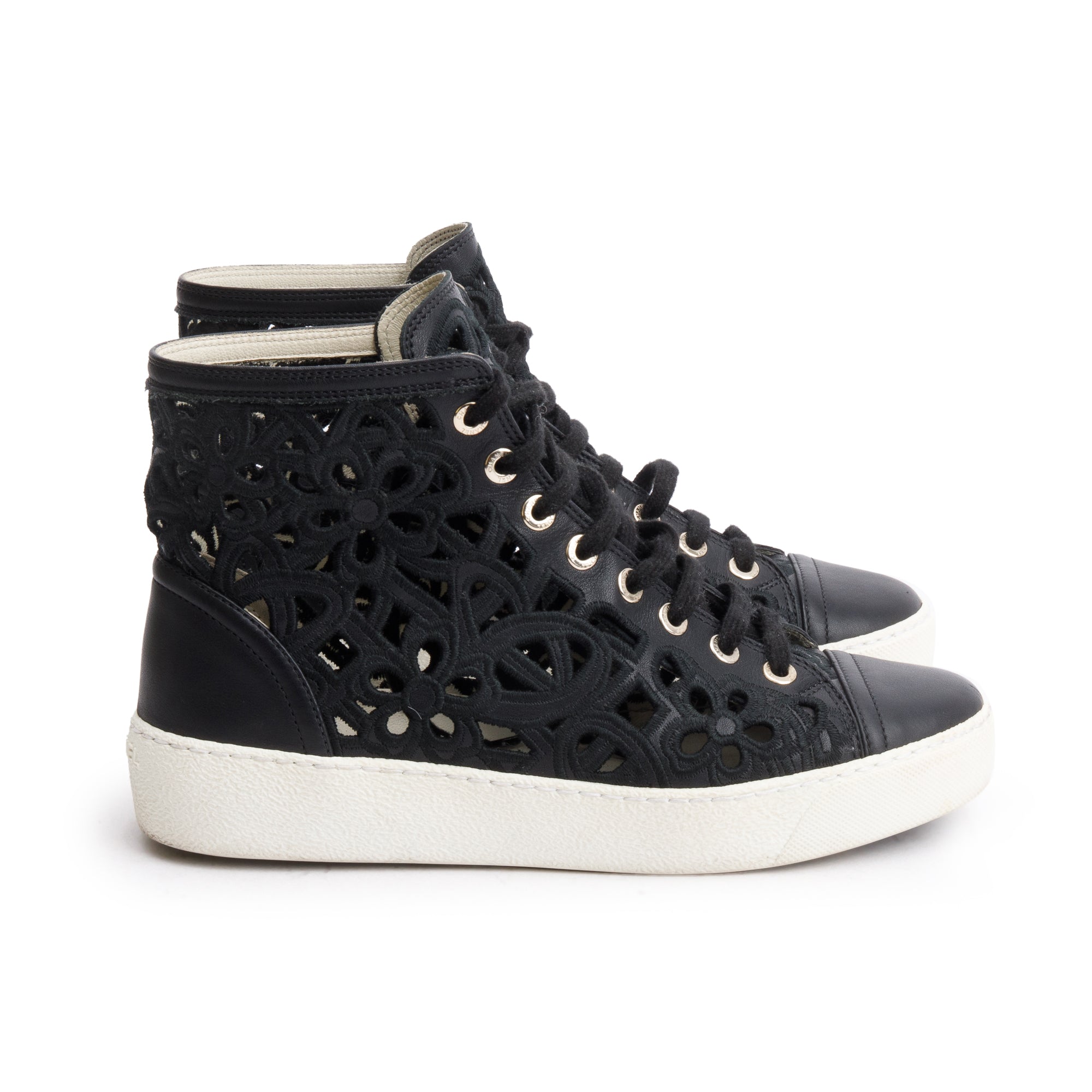 Chanel Black Calfskin Leather Cutout Interlocking CC Logo Sneakers, Size 36 w/ Box