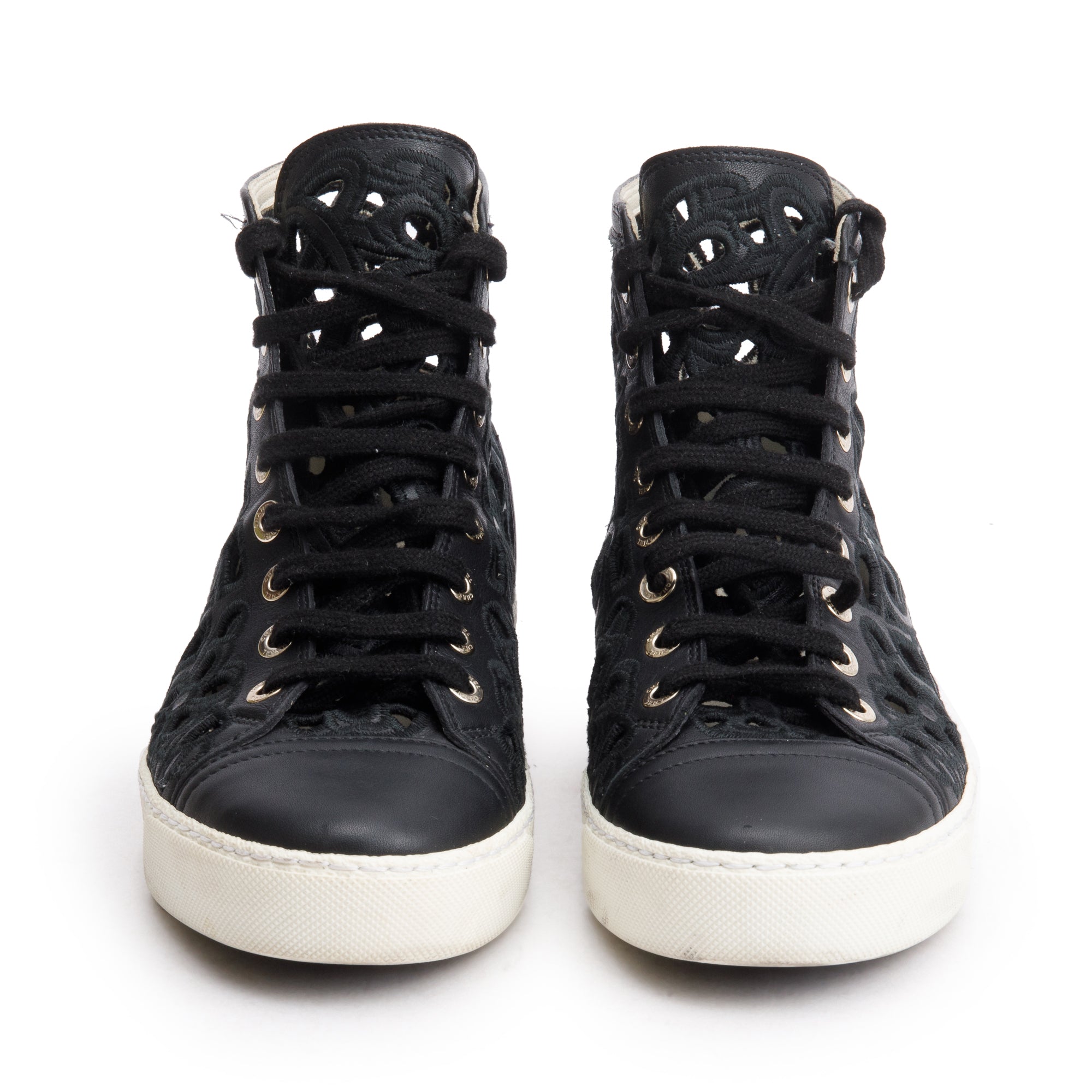 Chanel Black Calfskin Leather Cutout Interlocking CC Logo Sneakers, Size 36 w/ Box