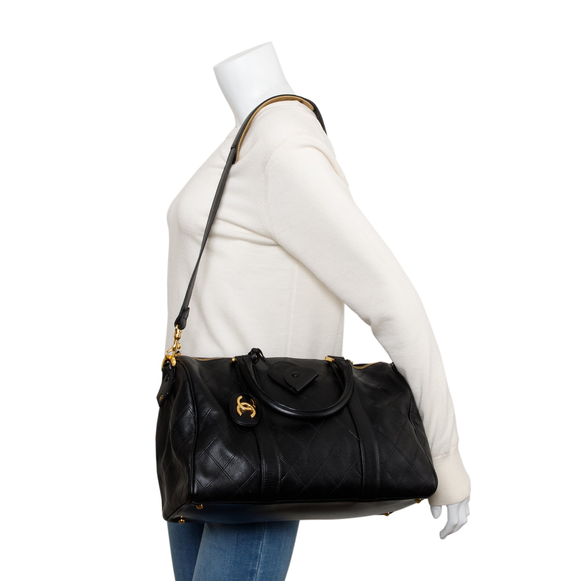 Chanel Black Calfskin Leather Diamond Stitch Boston Bag w/ Strap