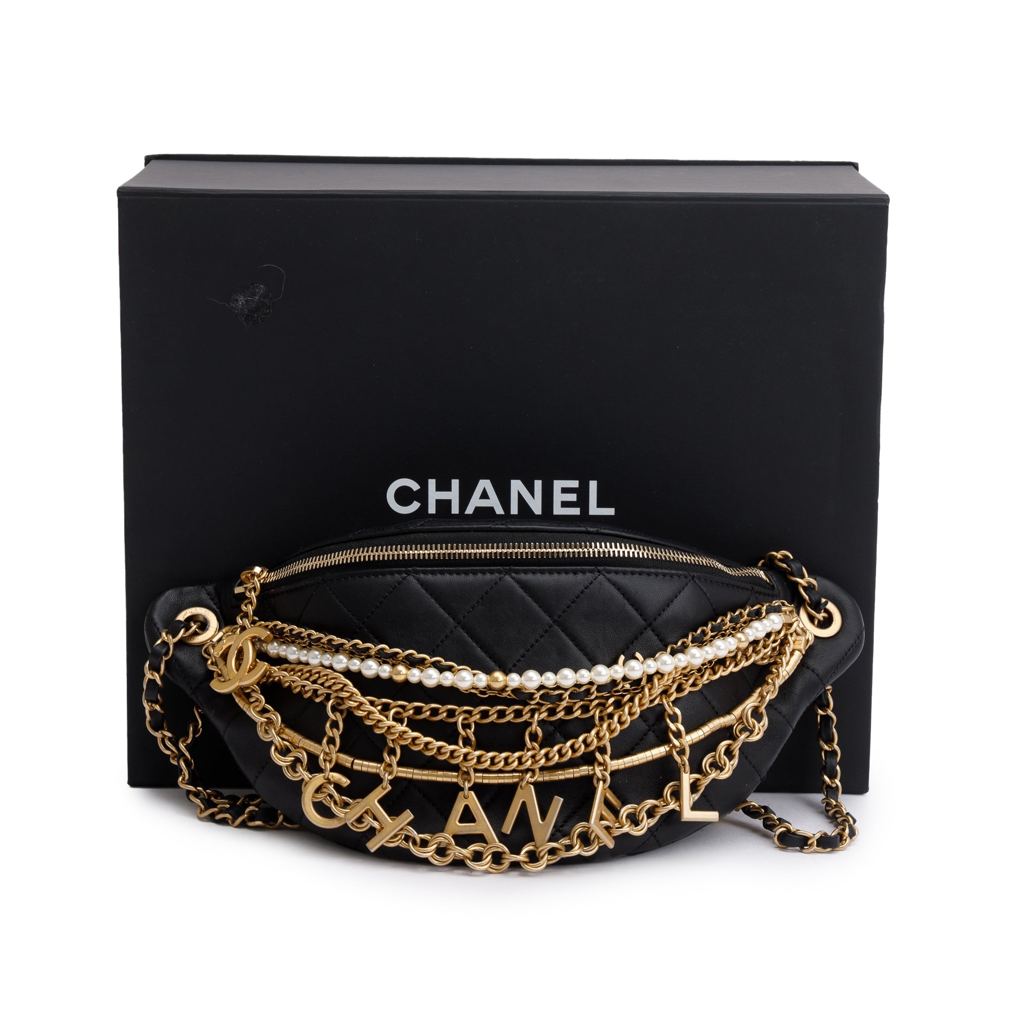 Chanel Black Calfskin Leather Faux Pearl All About Chains Waist Bag w/ Box & Authenticity Card