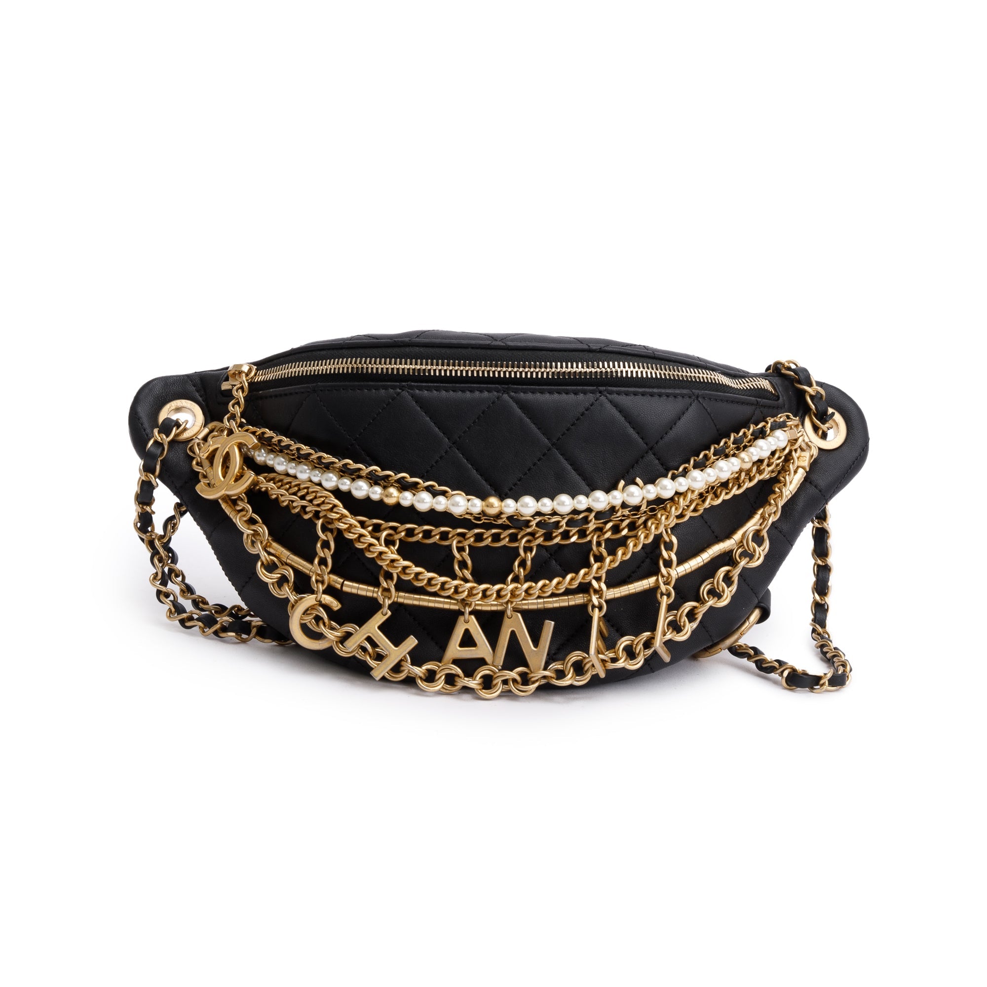 Chanel Black Calfskin Leather Faux Pearl All About Chains Waist Bag w/ Box & Authenticity Card