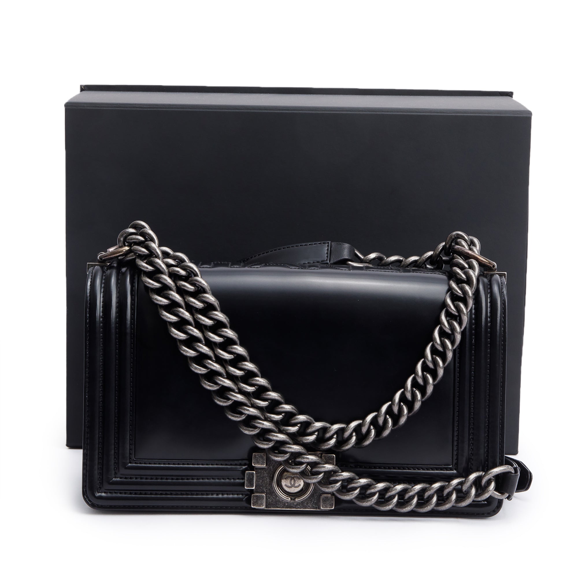Chanel Black Calfskin Leather Medium Original Clasp Boy Bag w/ Box & Authenticity Card