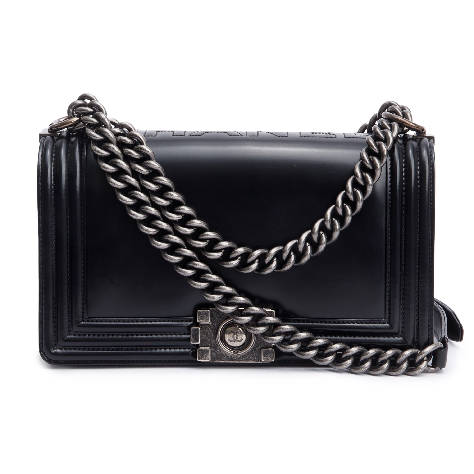 Chanel Black Calfskin Leather Medium Original Clasp Boy Bag w/ Box & Authenticity Card
