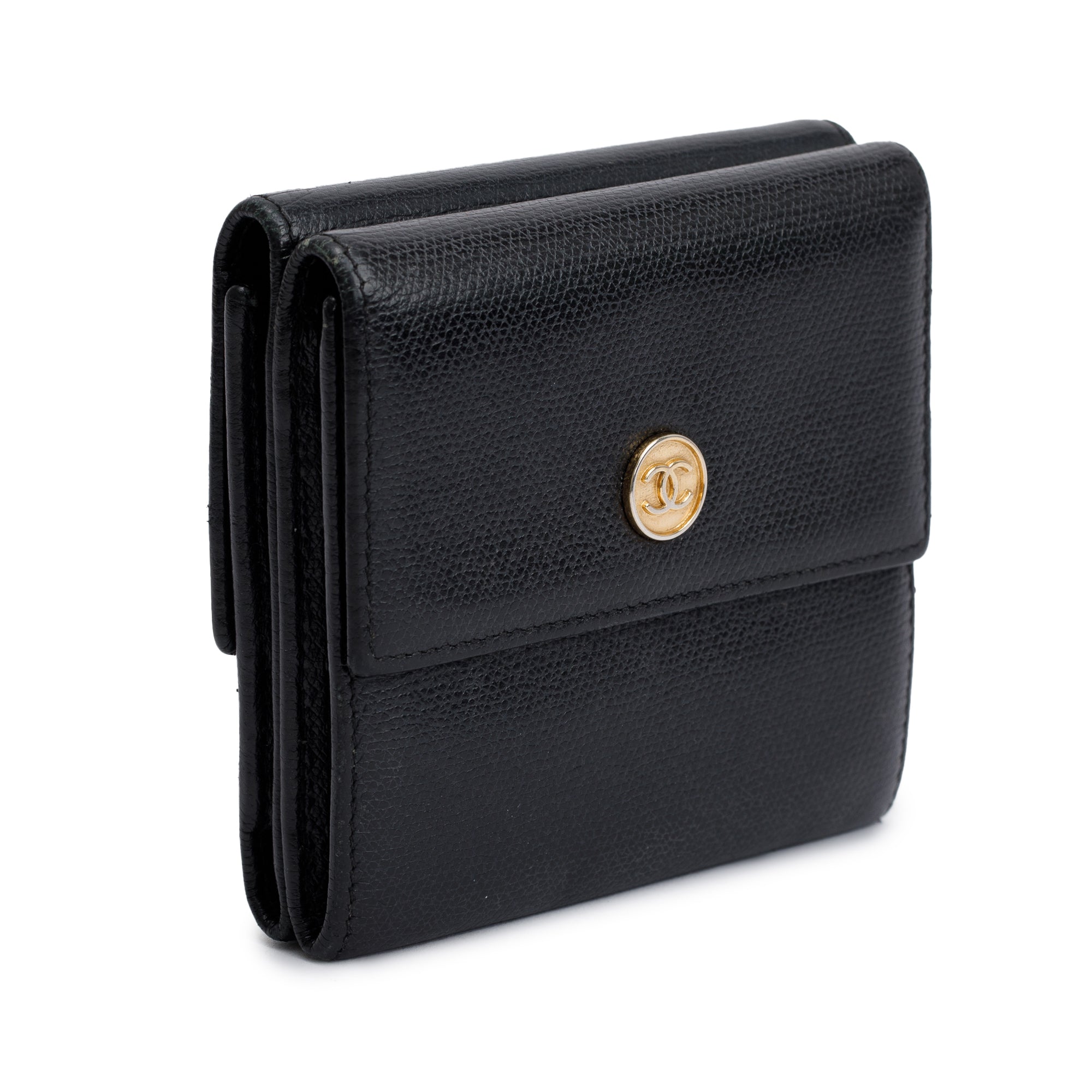 Chanel Black Calfskin Leather Mini Coco Button Trifold Compact Wallet